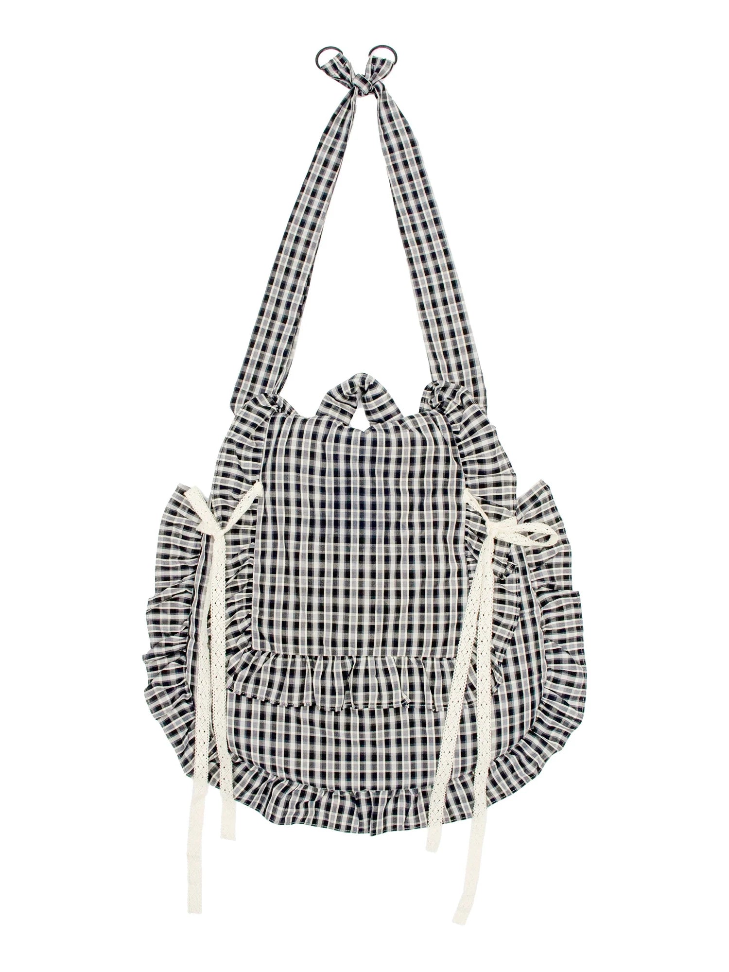Lace Knotted Checkered Pillow Bag With Fluffy Cotton Ruffle Strap
