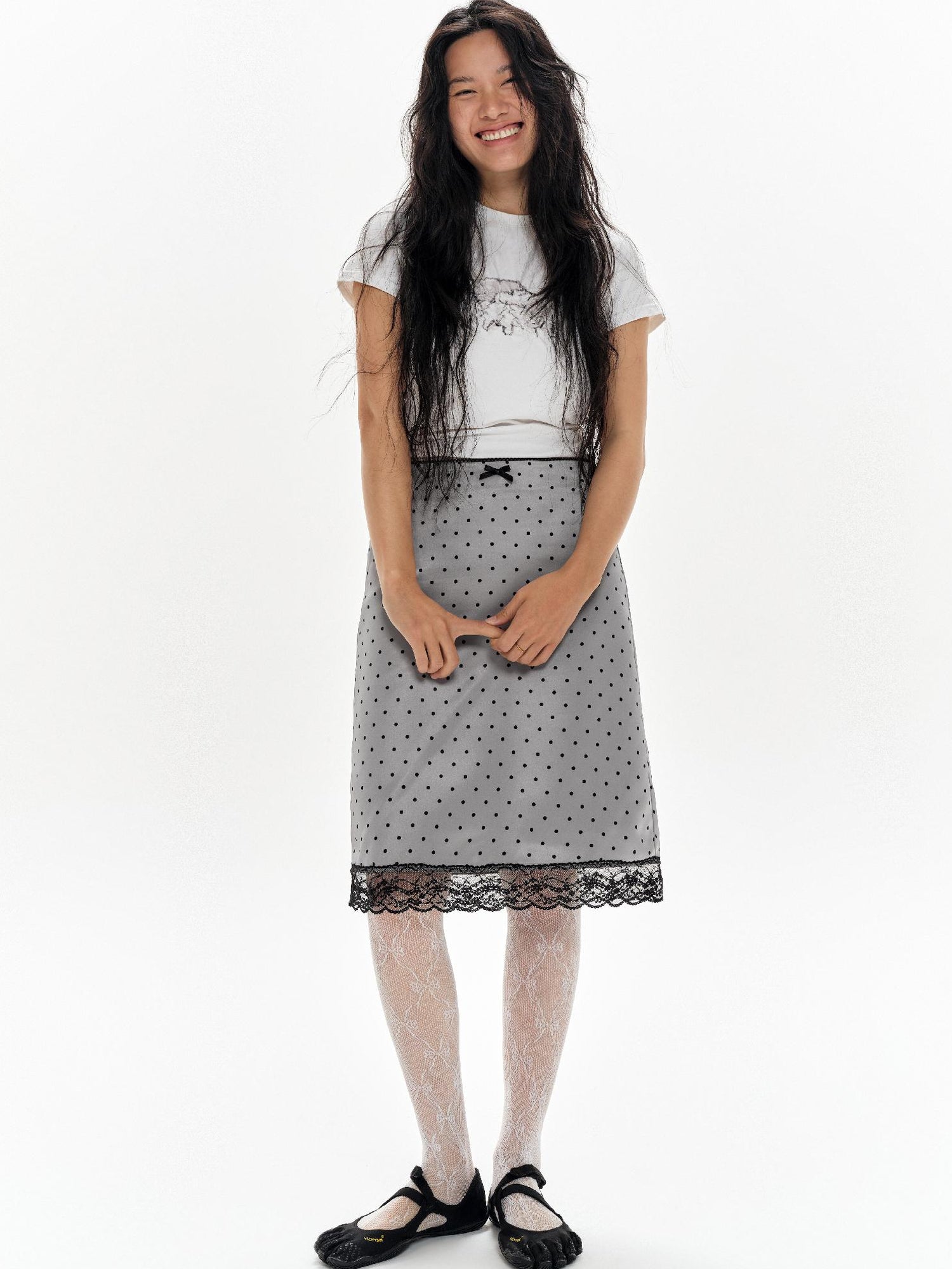 oinimi Lace Polka Dot Print Satin Skirt