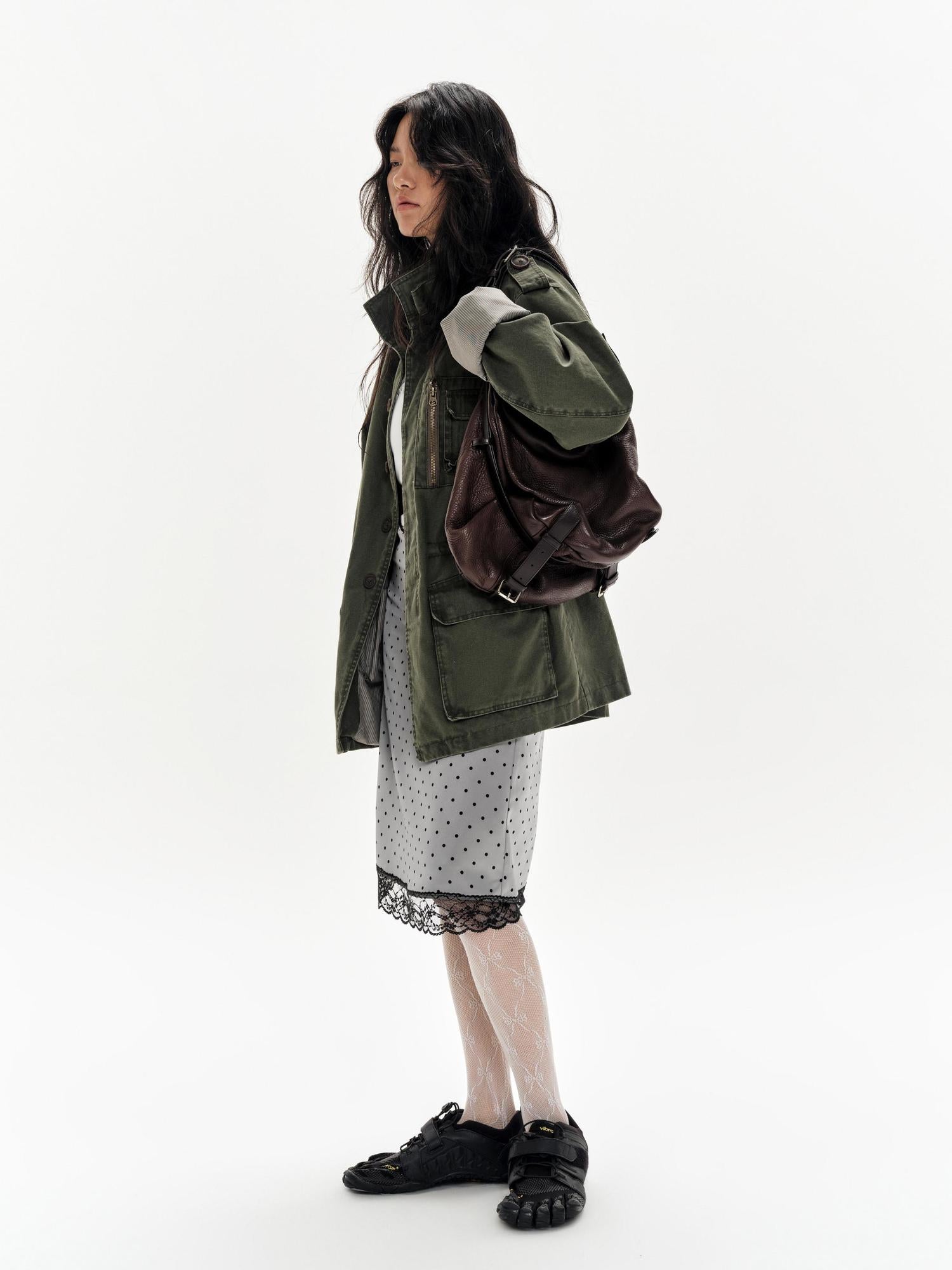 oinimi Lace Polka Dot Print Satin Skirt