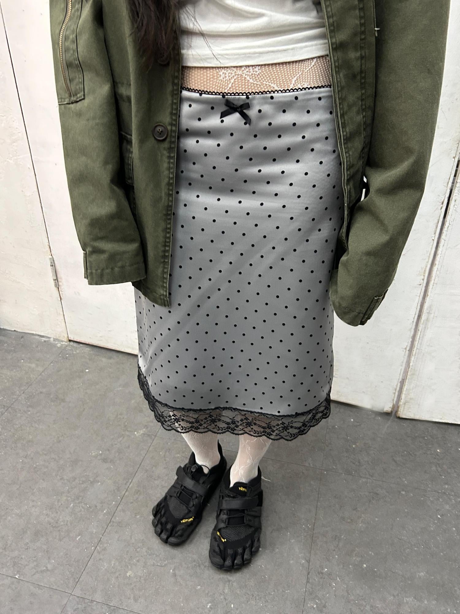oinimi Lace Polka Dot Print Satin Skirt