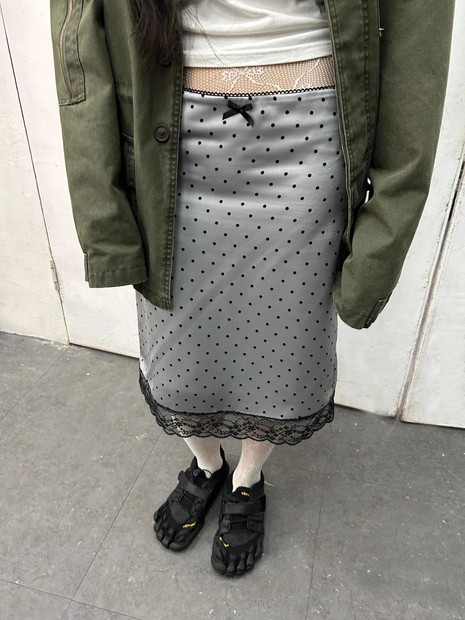 Lace Polka Dot Print Satin Skirt