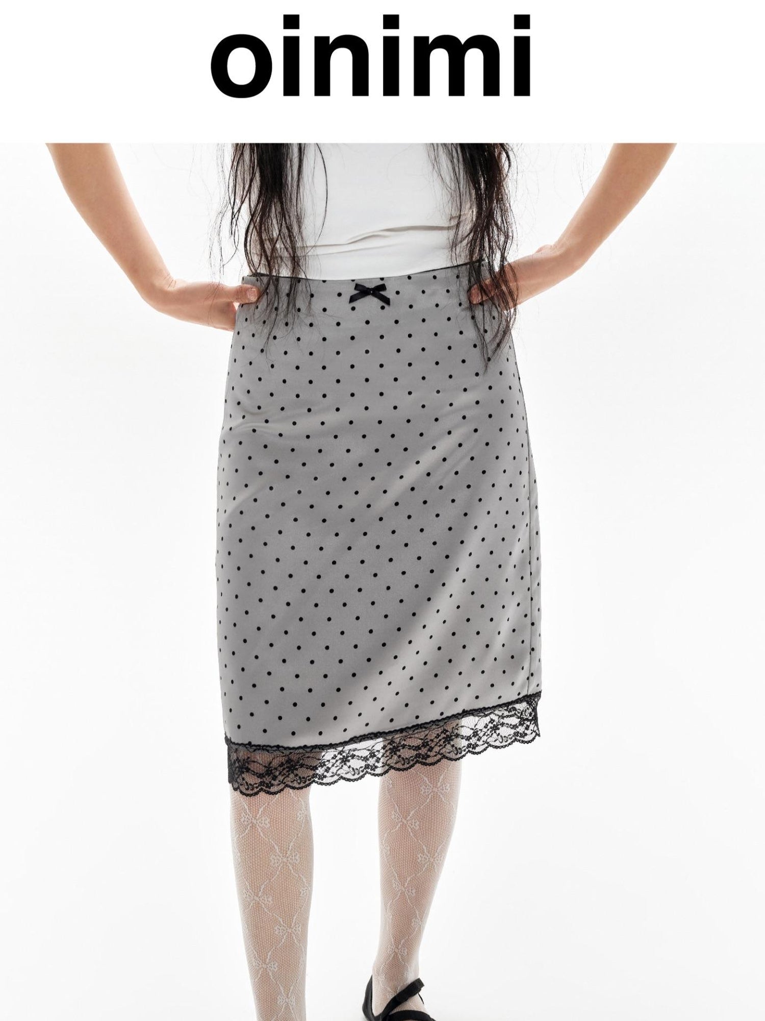oinimi Lace Polka Dot Print Satin Skirt