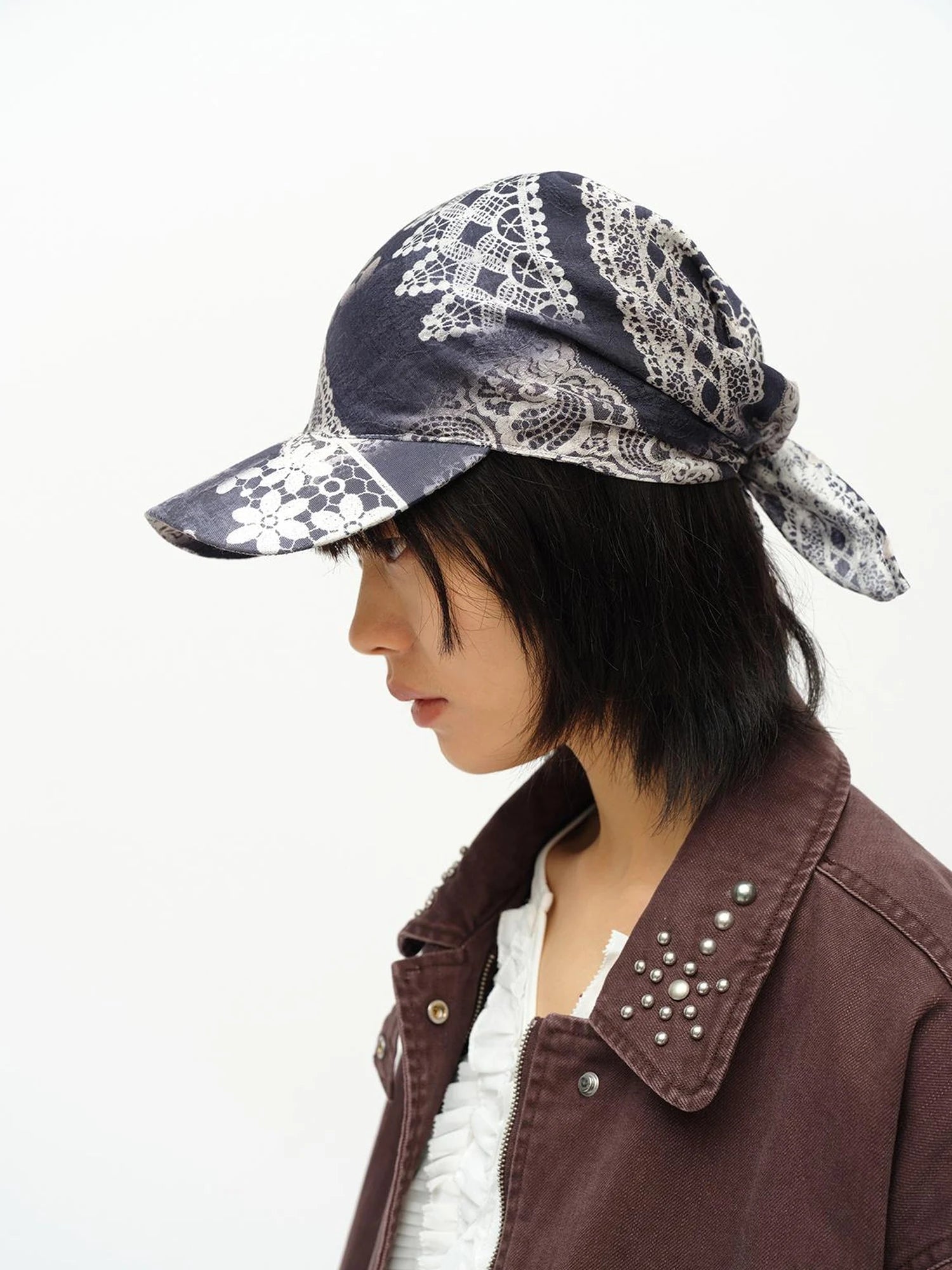 Lace Print Navy Teal Triangle Scarf Hat Adjustable Baseball Cap