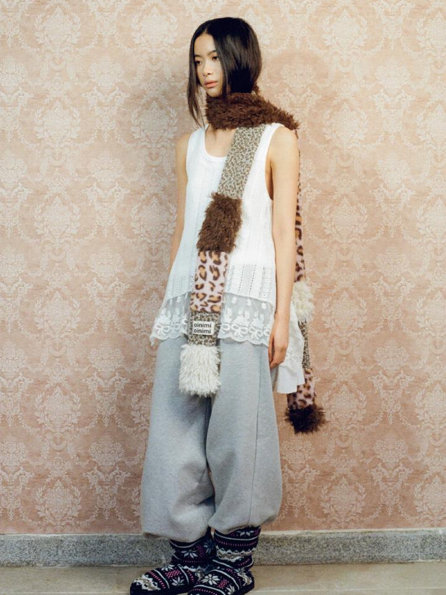 oinimi Leopard Print Knitted Faux Fur Long Scarf