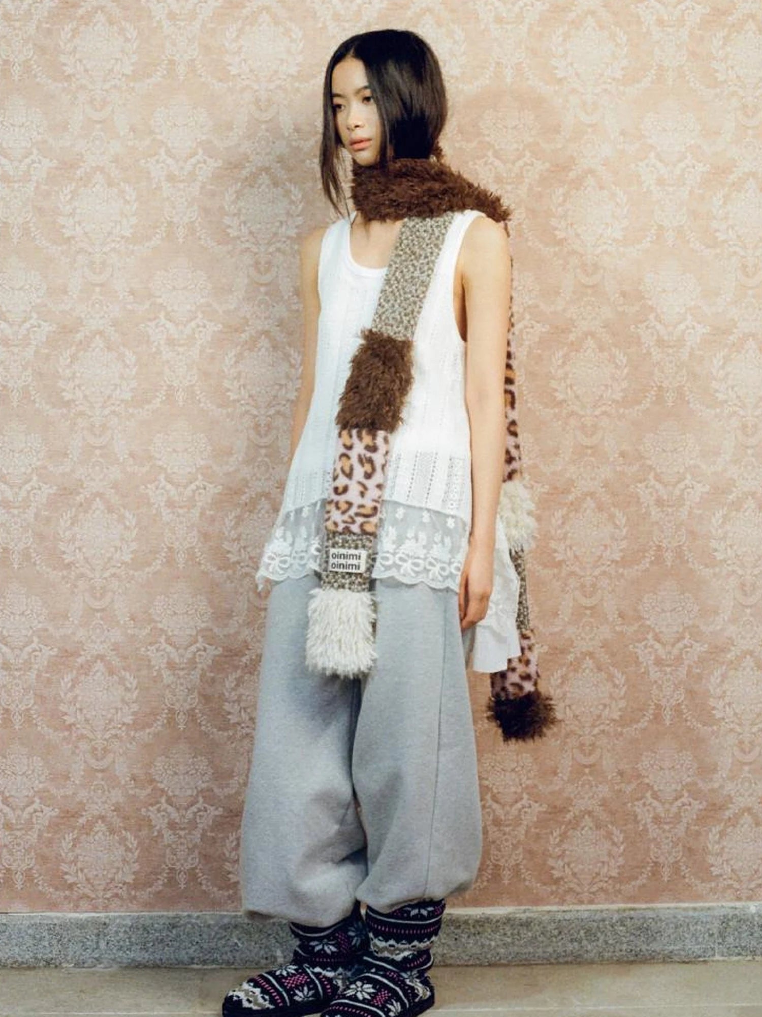 Leopard Print Knitted Faux Fur Long Scarf