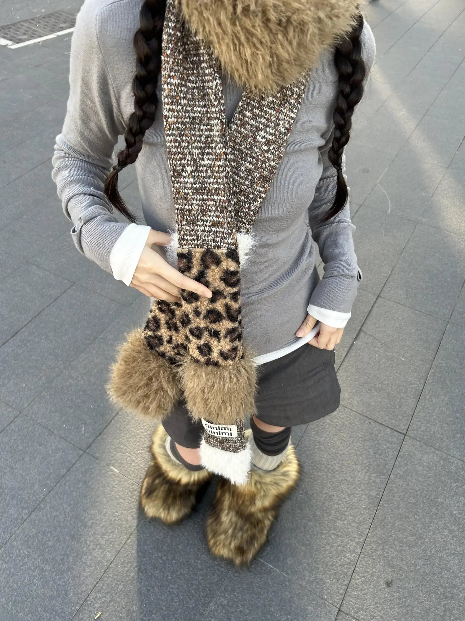 Leopard Print Knitted Faux Fur Long Scarf