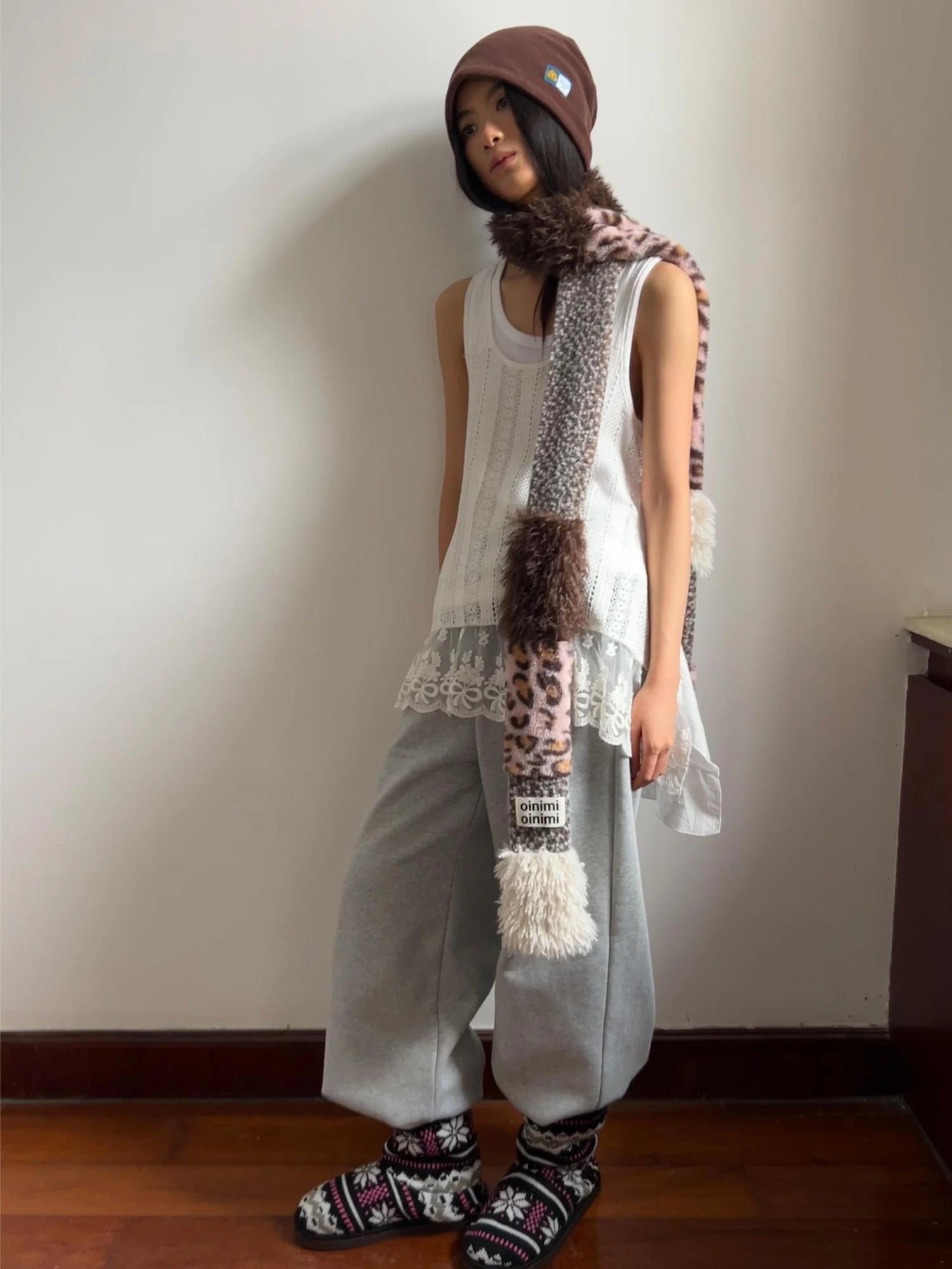 Leopard Print Knitted Faux Fur Long Scarf