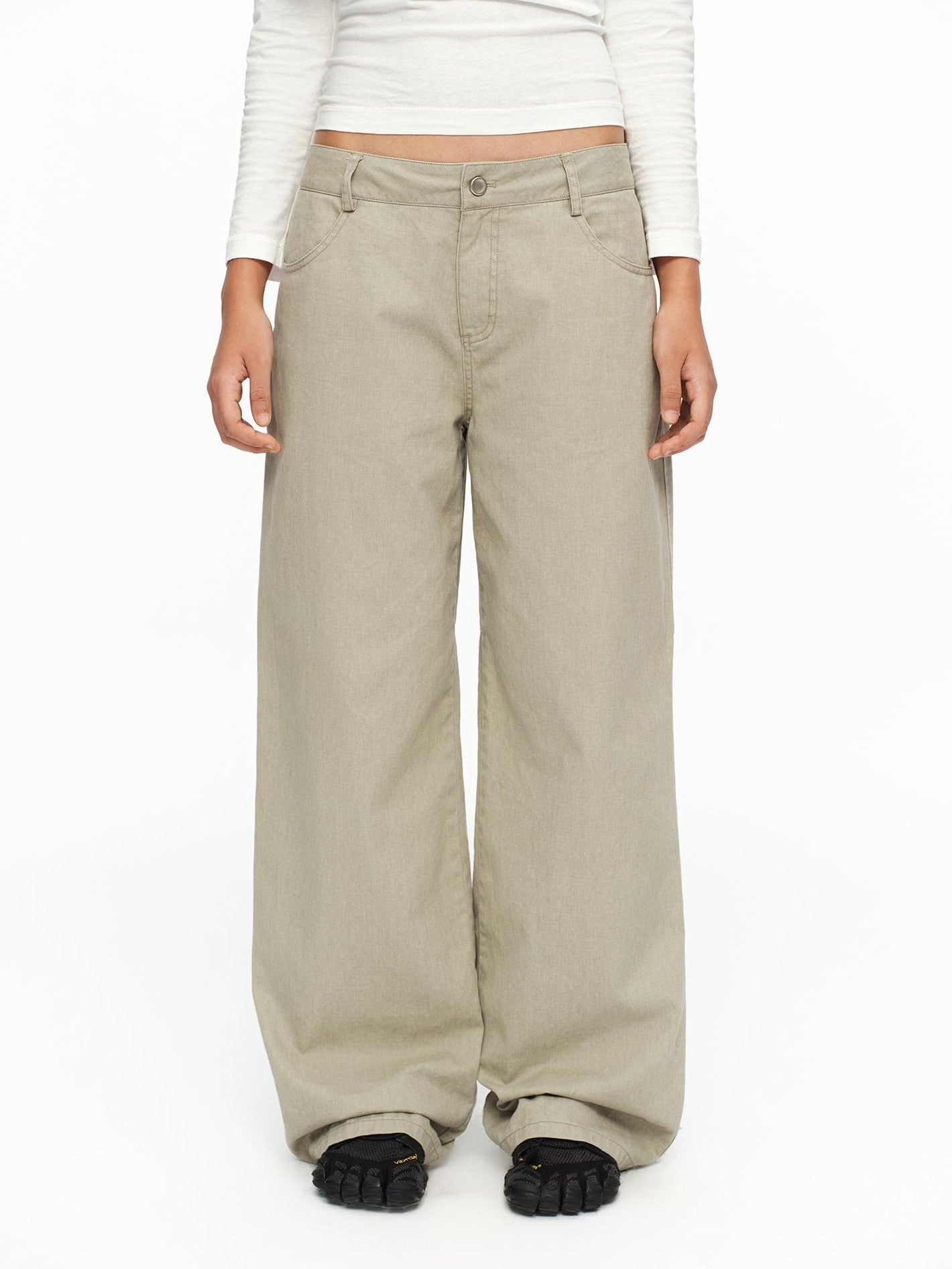 oinimi Light Khaki Classic Relaxed Workwear Mid Rise Women&