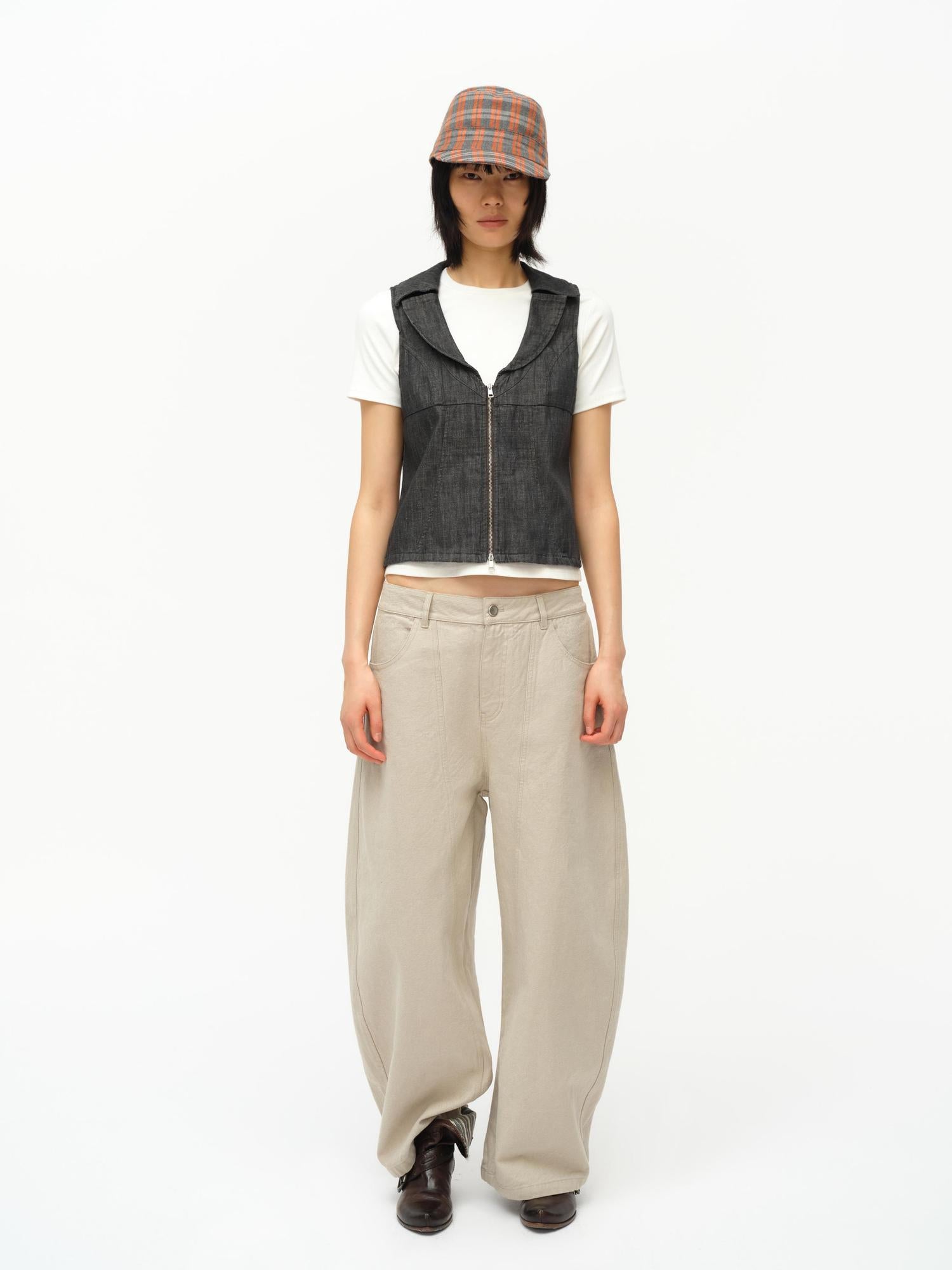 oinimi Low Cut Denim Vest With Open Collar In Charcoal Gray