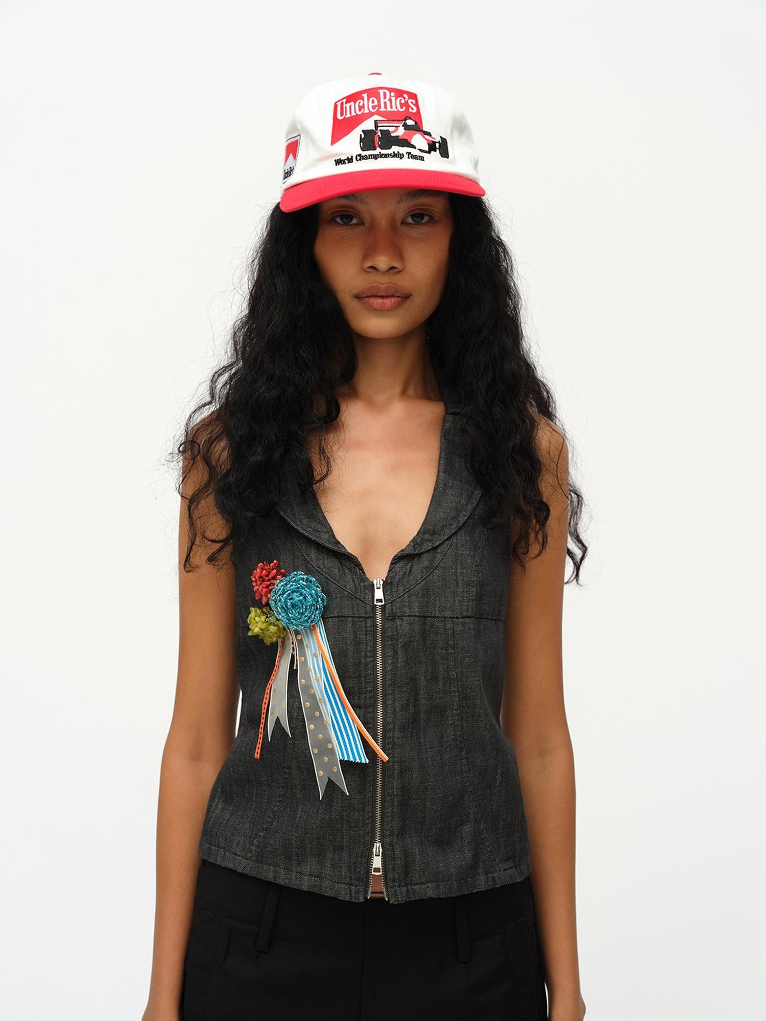 oinimi Low Cut Denim Vest With Open Collar In Charcoal Gray