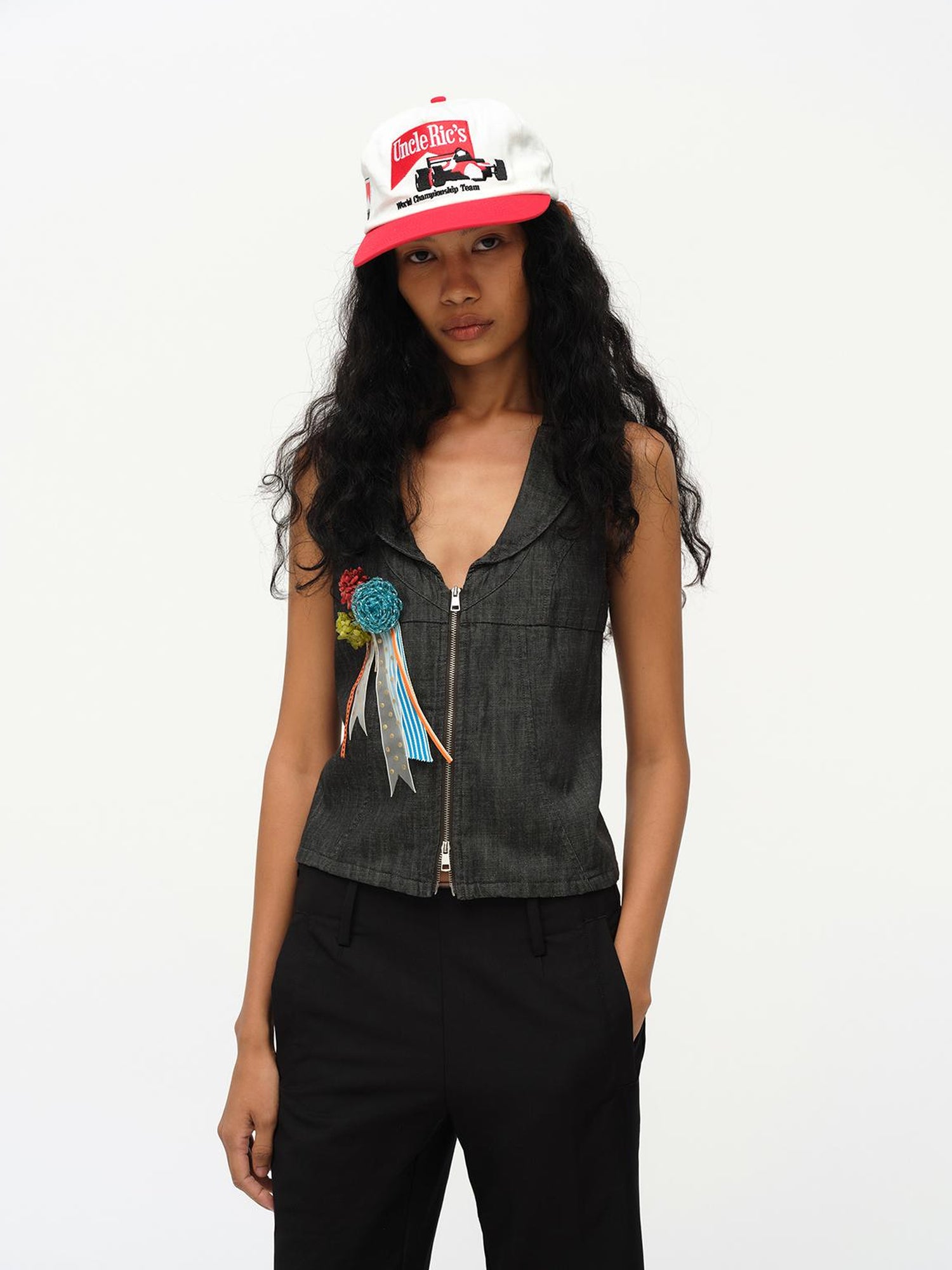 oinimi Low Cut Denim Vest With Open Collar In Charcoal Gray