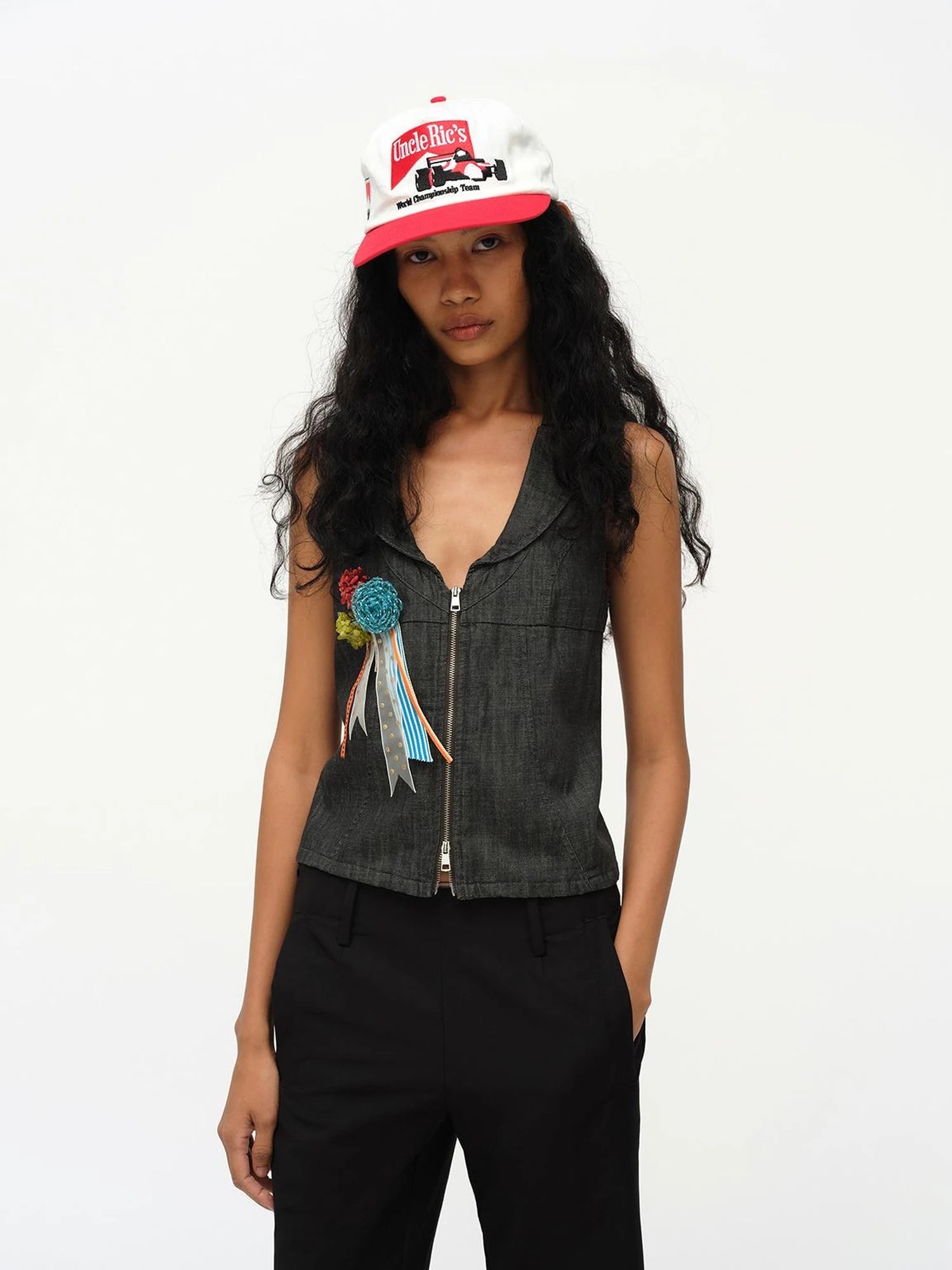 Low Cut Denim Vest With Open Collar In Charcoal Gray