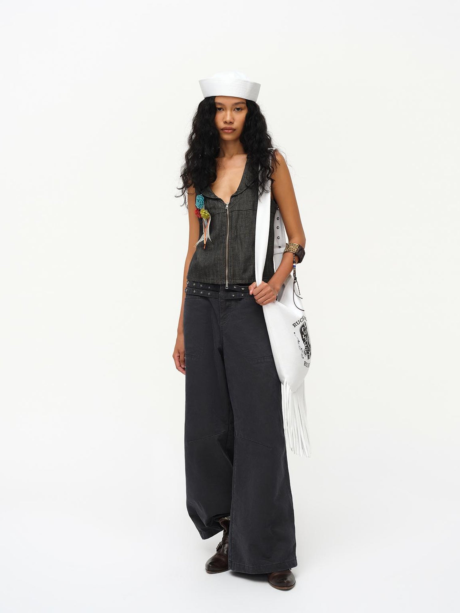 oinimi Low Cut Denim Vest With Open Collar In Charcoal Gray