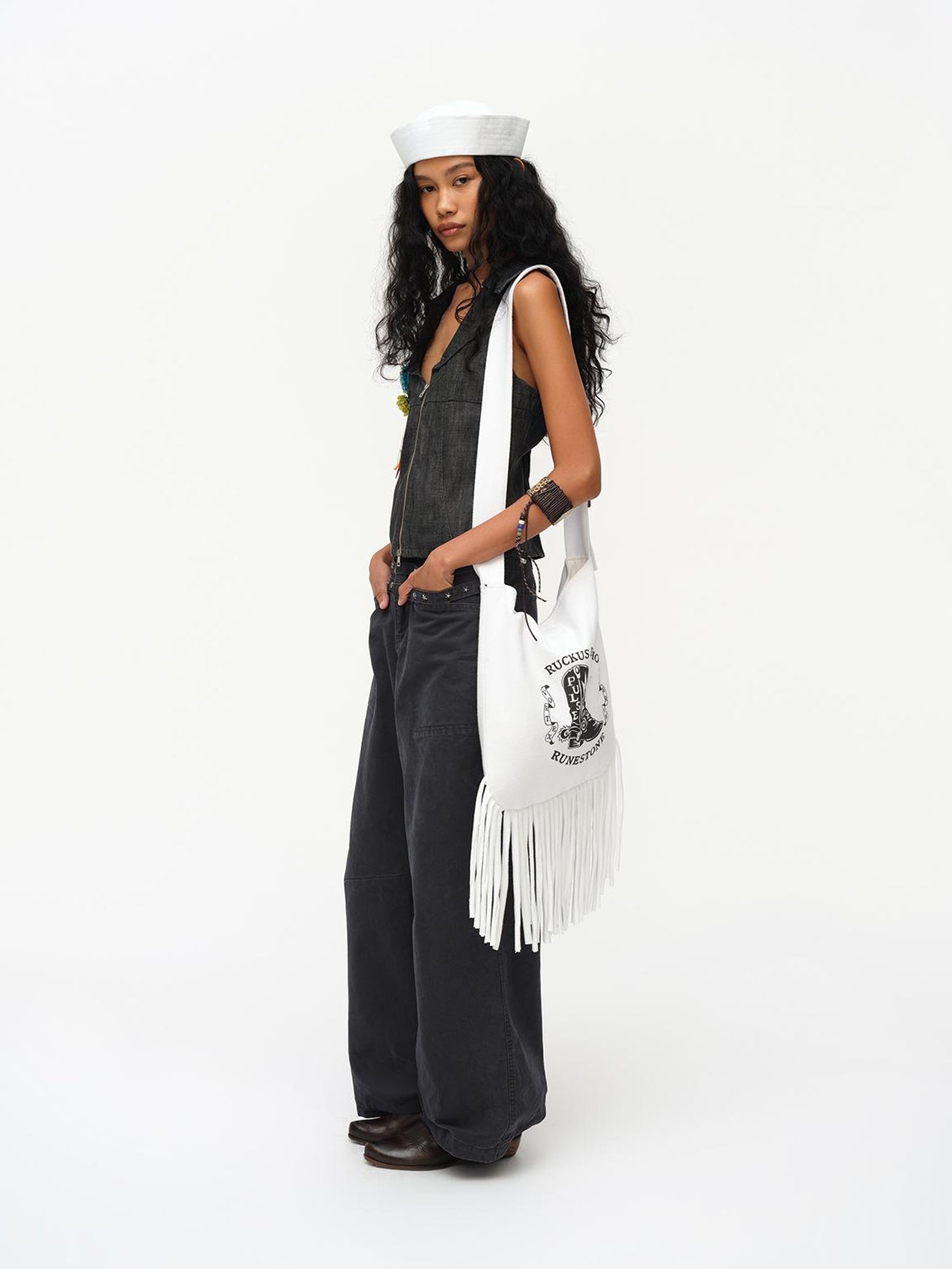 oinimi Low Cut Denim Vest With Open Collar In Charcoal Gray
