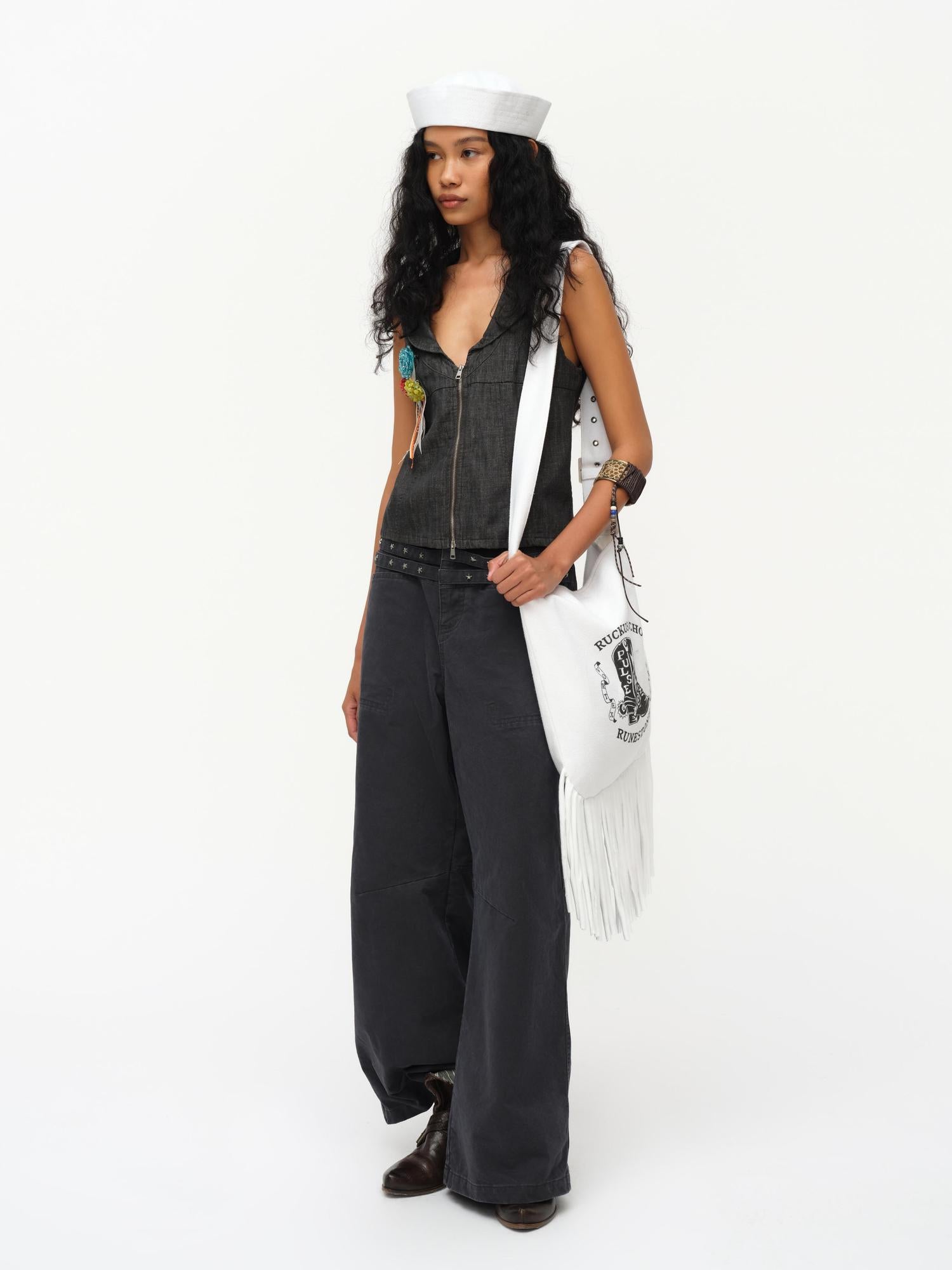 oinimi Low Cut Denim Vest With Open Collar In Charcoal Gray