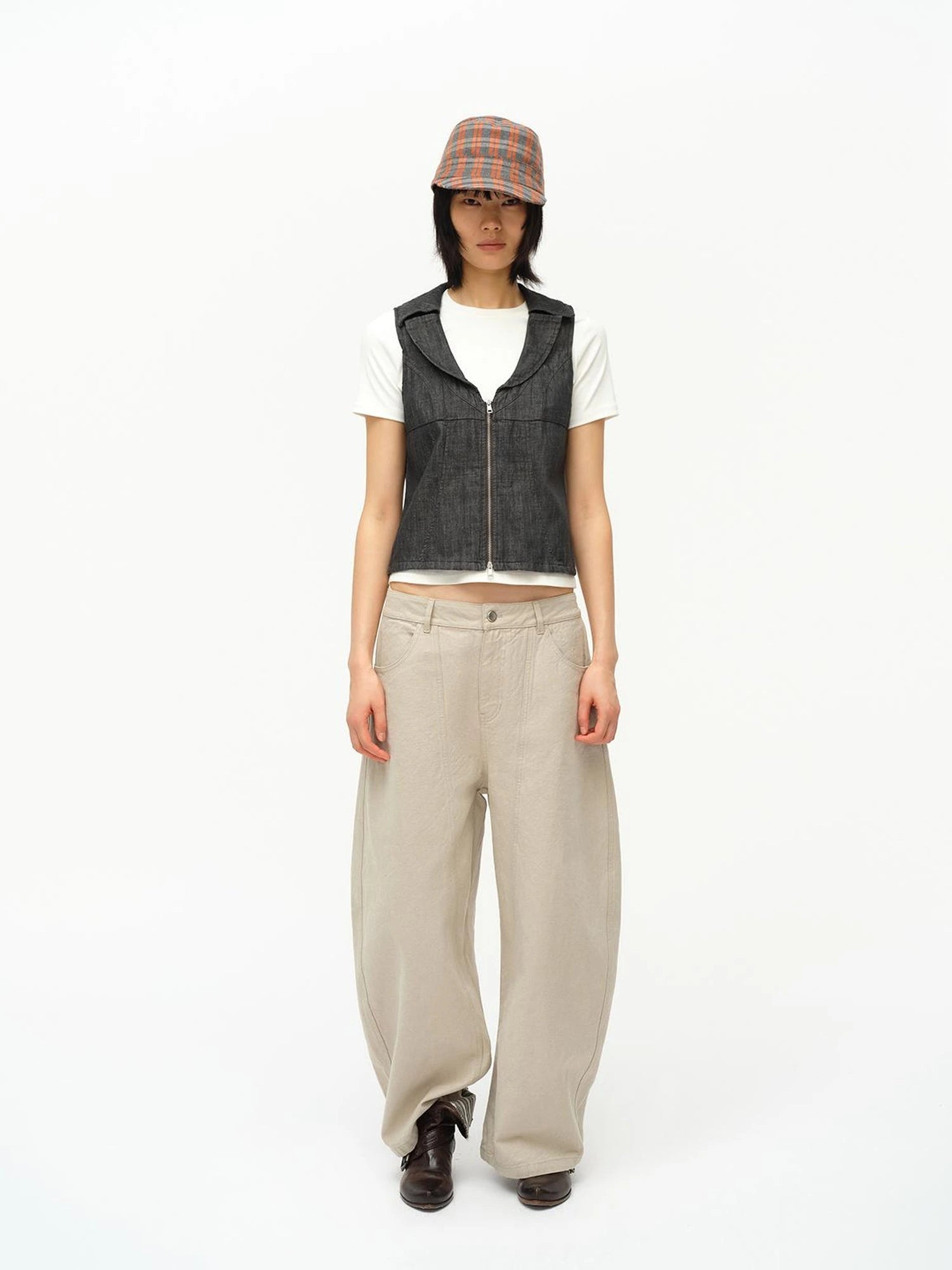 Low Cut Denim Vest With Open Collar In Charcoal Gray