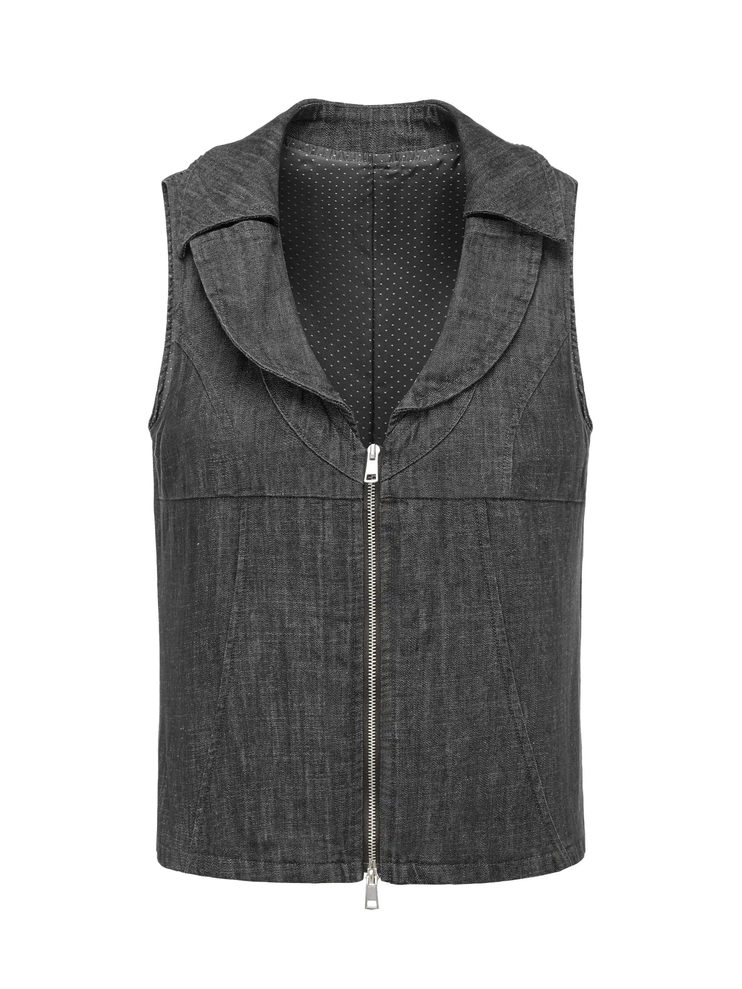 Low Cut Denim Vest With Open Collar In Charcoal Gray
