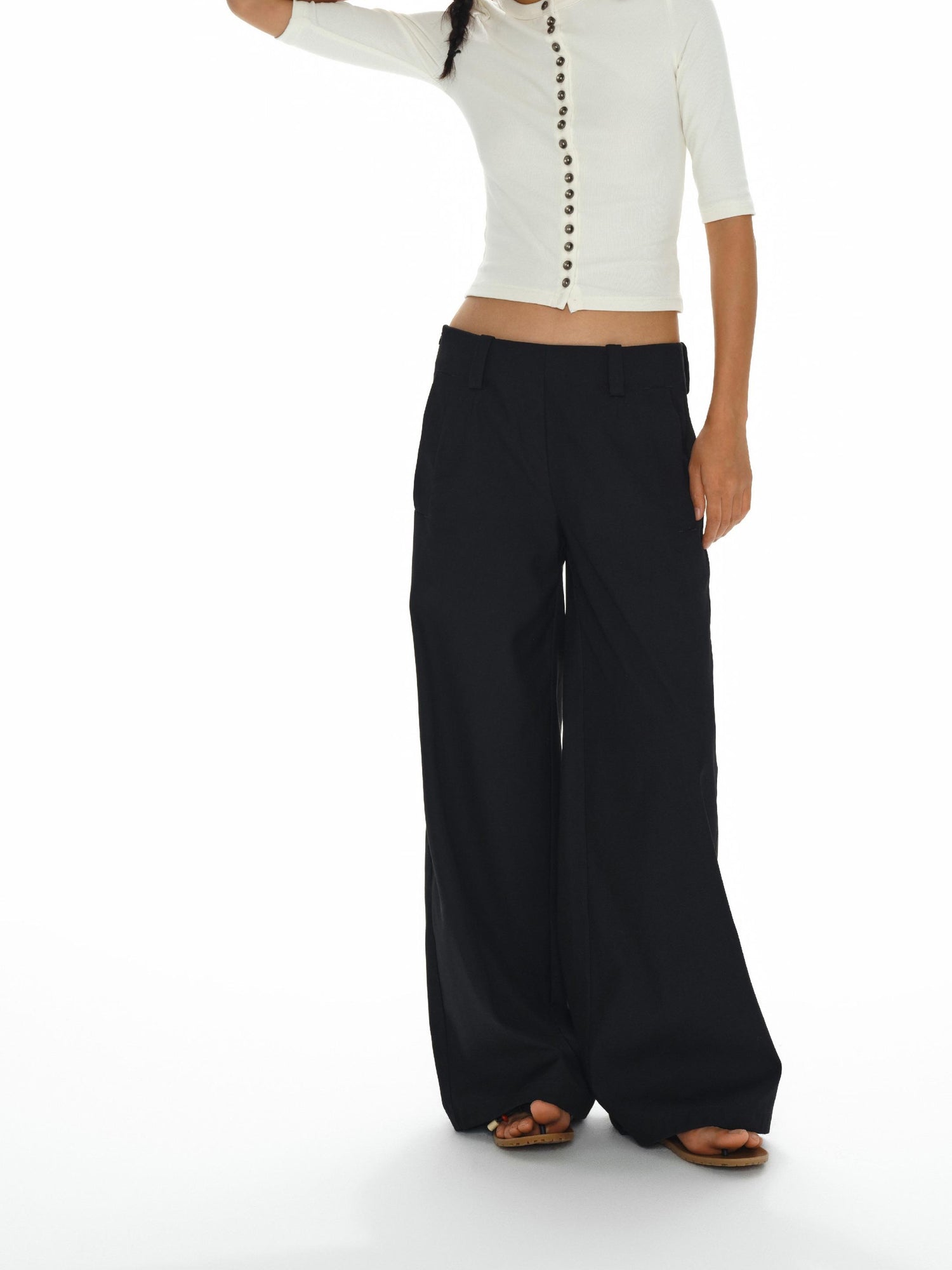 oinimi Low Waist Wide Leg Trousers In Black Charcoal