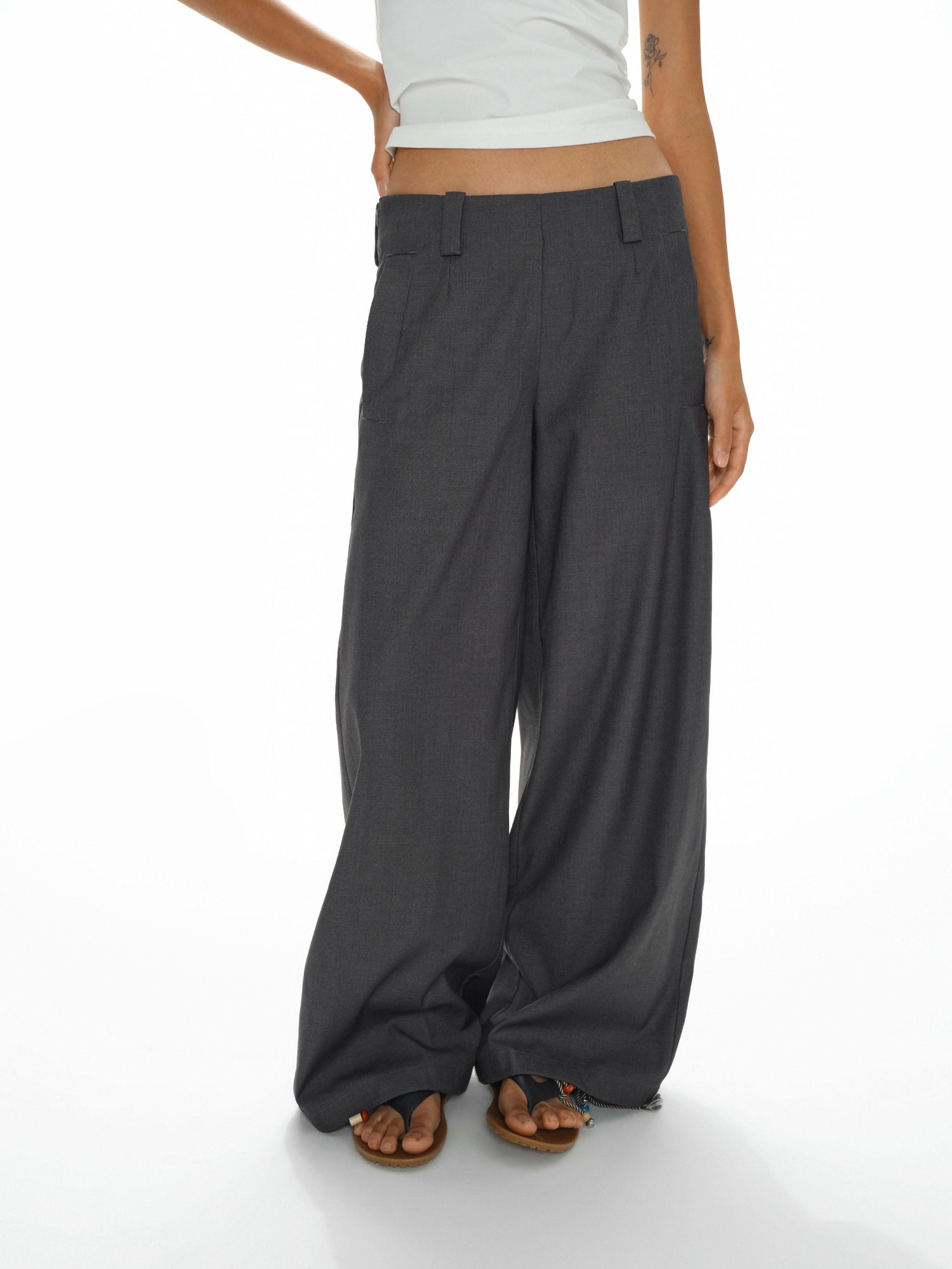 oinimi Low Waist Wide Leg Trousers In Black Charcoal