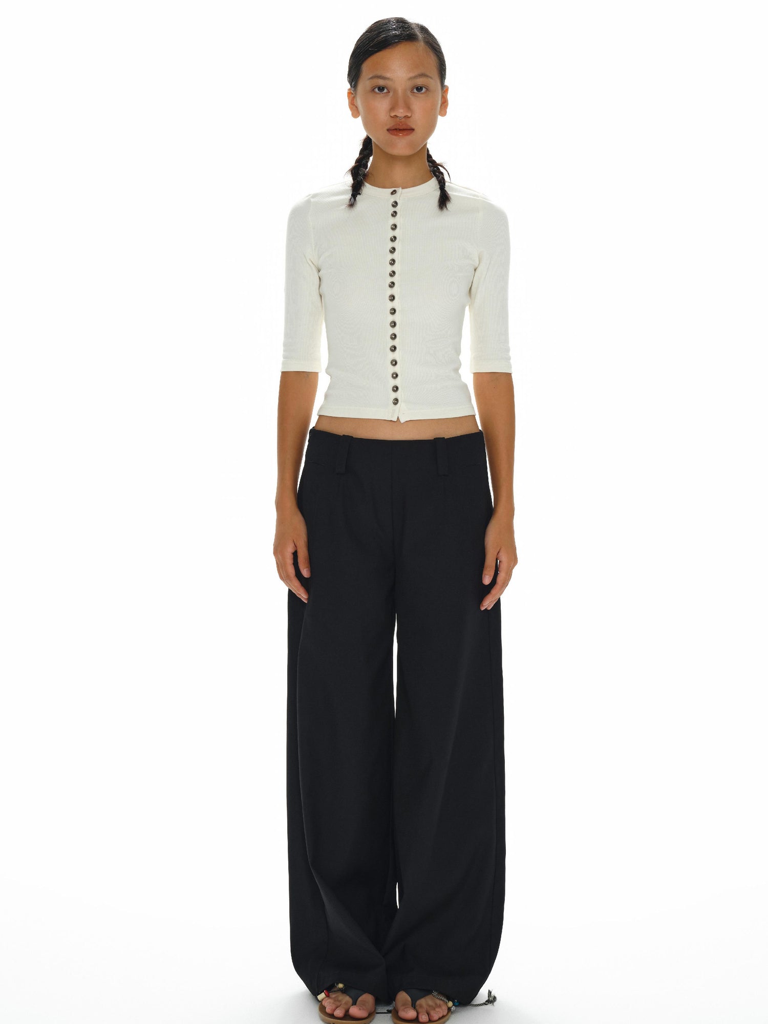 oinimi Low Waist Wide Leg Trousers In Black Charcoal