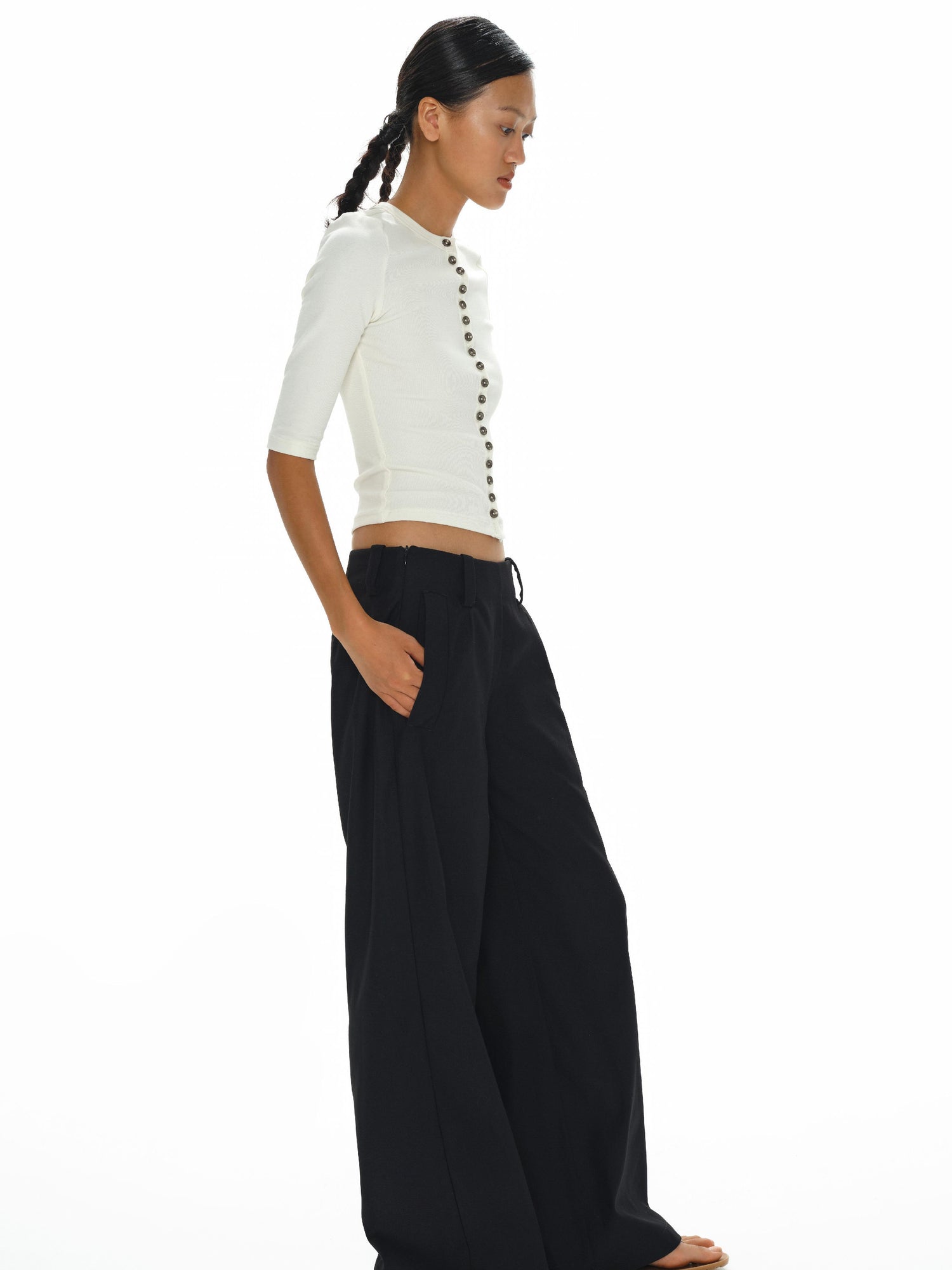 oinimi Low Waist Wide Leg Trousers In Black Charcoal