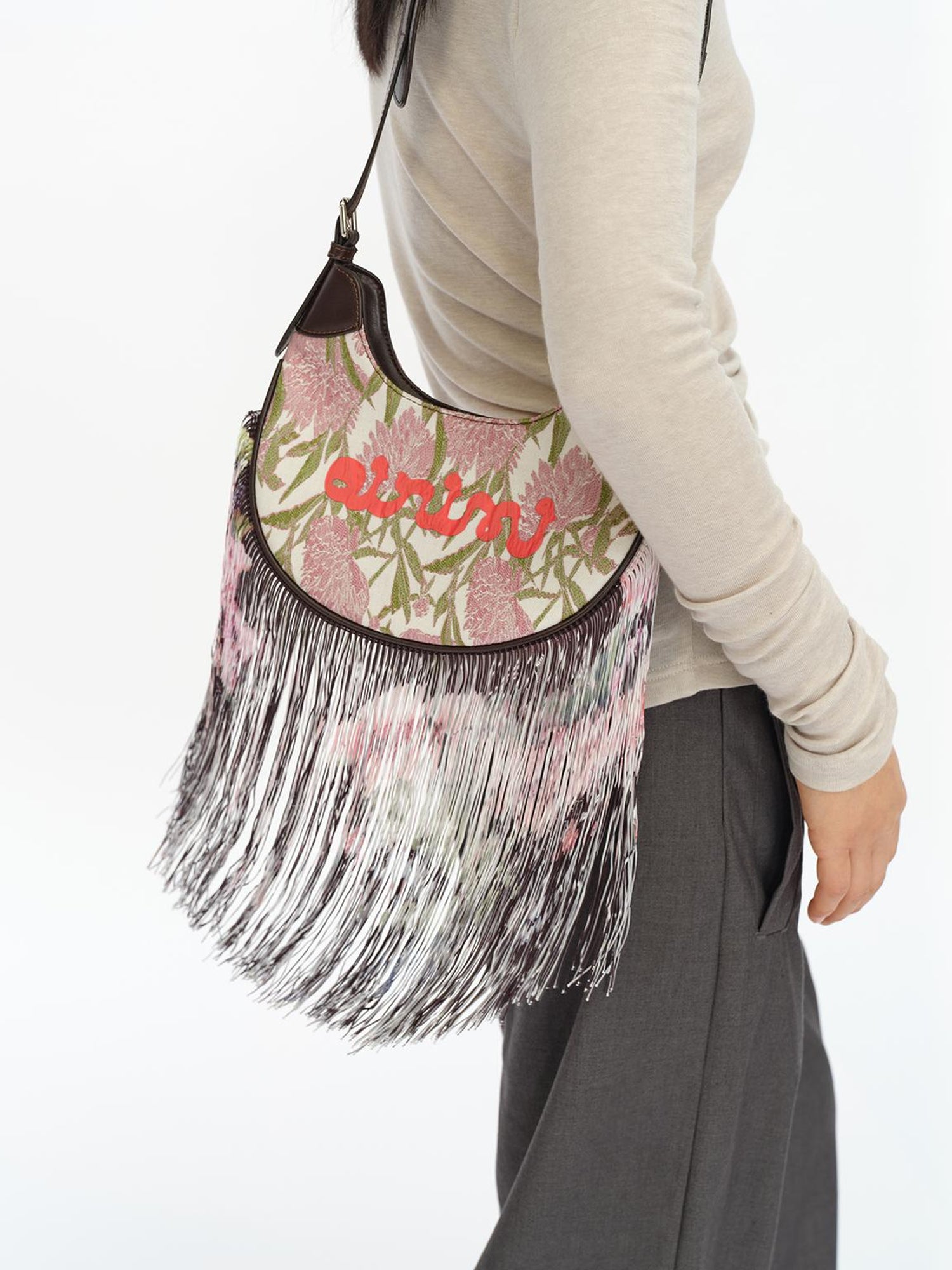 oinimi Mini Jacquard Saddle Bag With Fringe