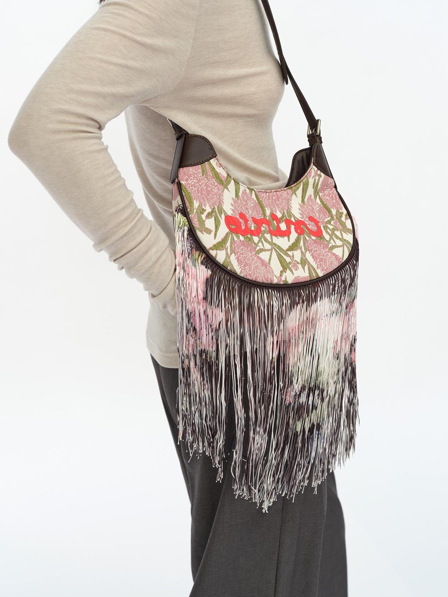 oinimi Mini Jacquard Saddle Bag With Fringe