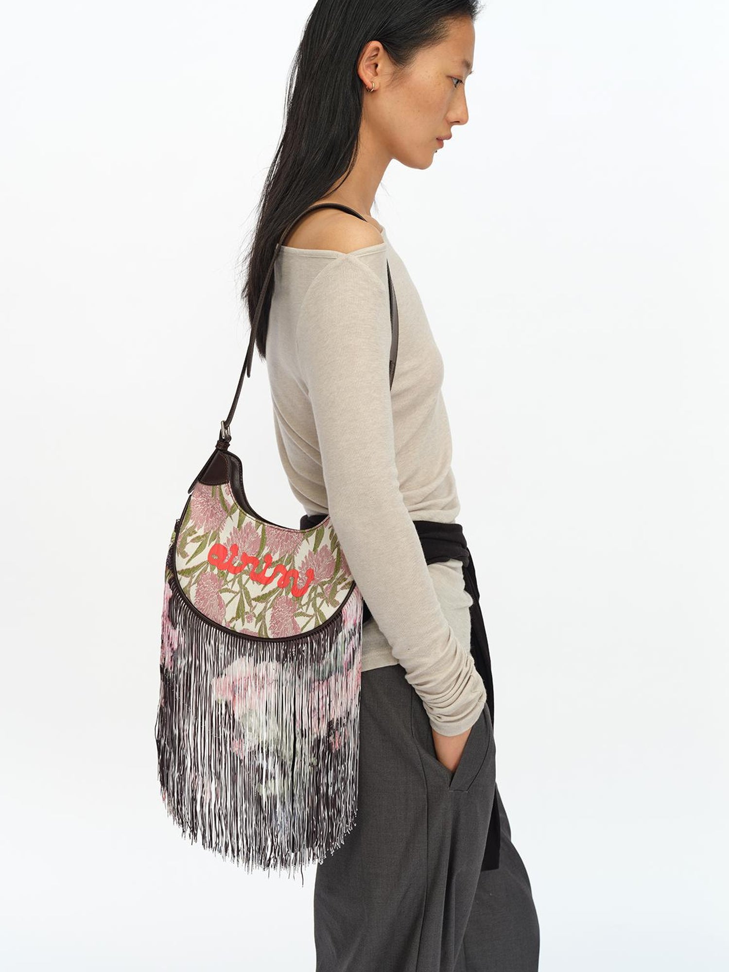 oinimi Mini Jacquard Saddle Bag With Fringe