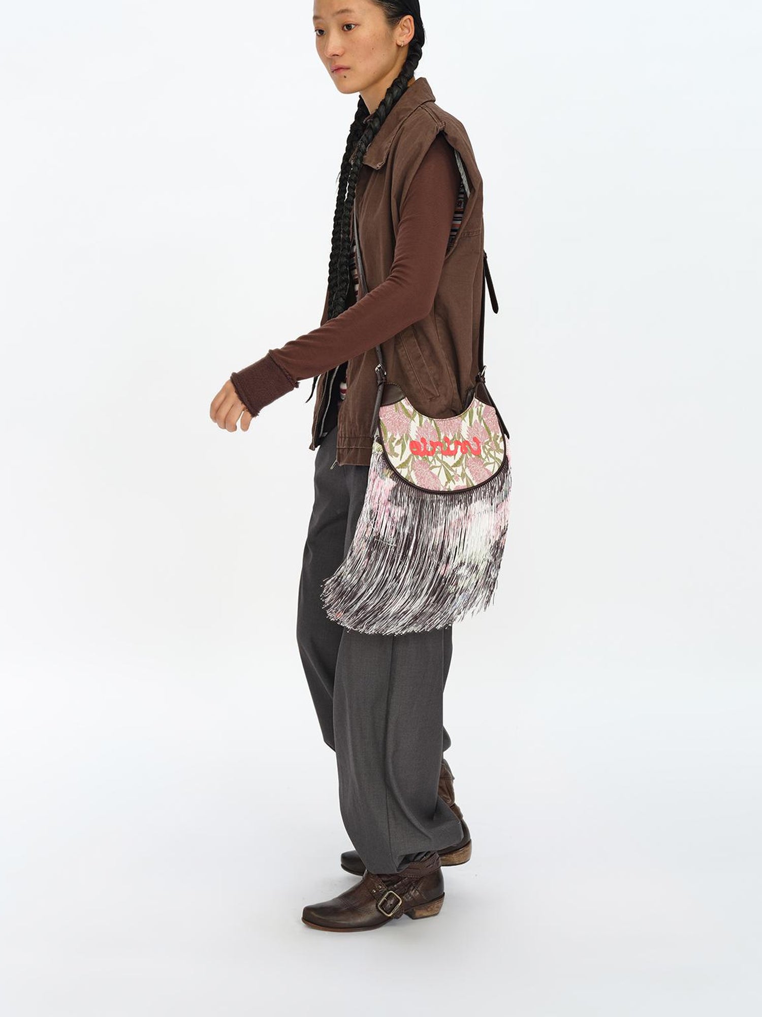 oinimi Mini Jacquard Saddle Bag With Fringe
