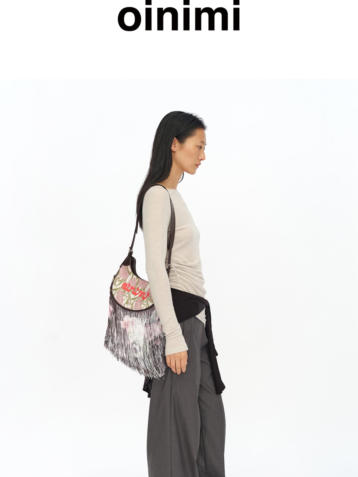 oinimi Mini Jacquard Saddle Bag With Fringe