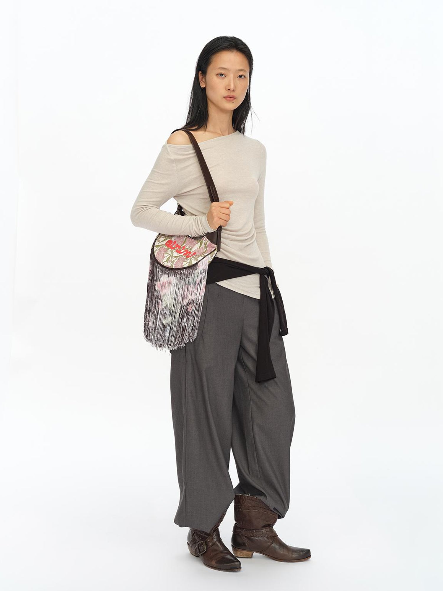 oinimi Mini Jacquard Saddle Bag With Fringe