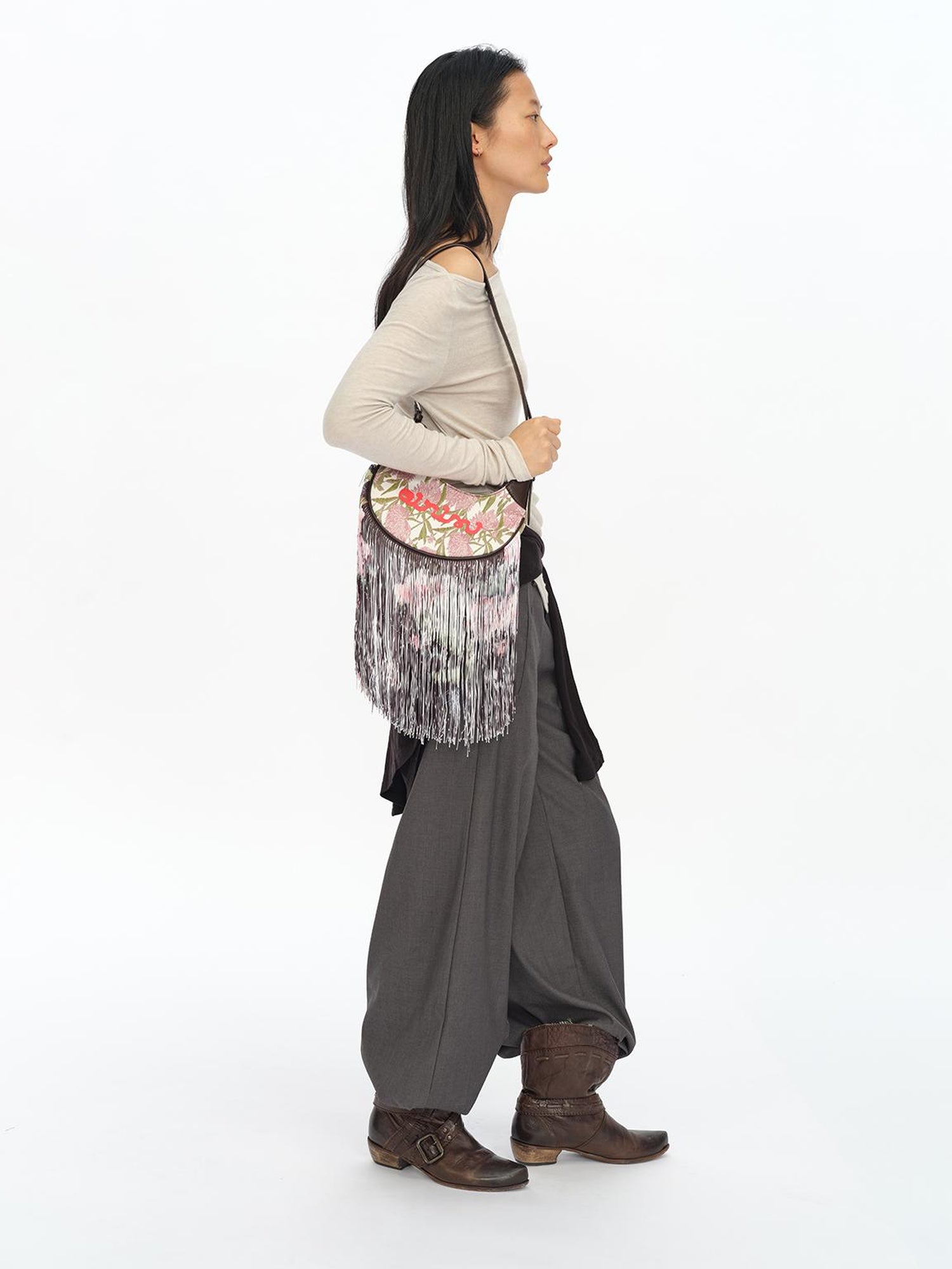 oinimi Mini Jacquard Saddle Bag With Fringe
