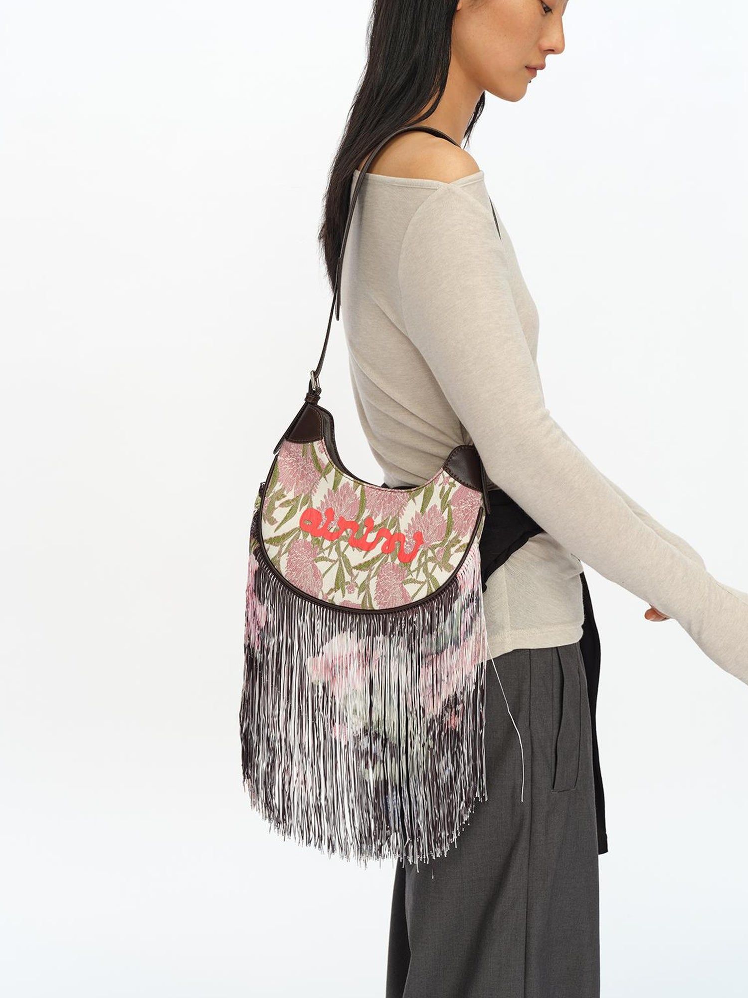 oinimi Mini Jacquard Saddle Bag With Fringe