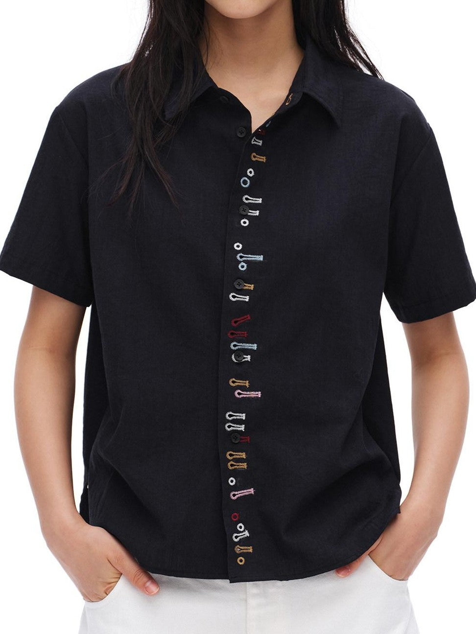 oinimi Navy Embroidered Buttonhole Collared Women&