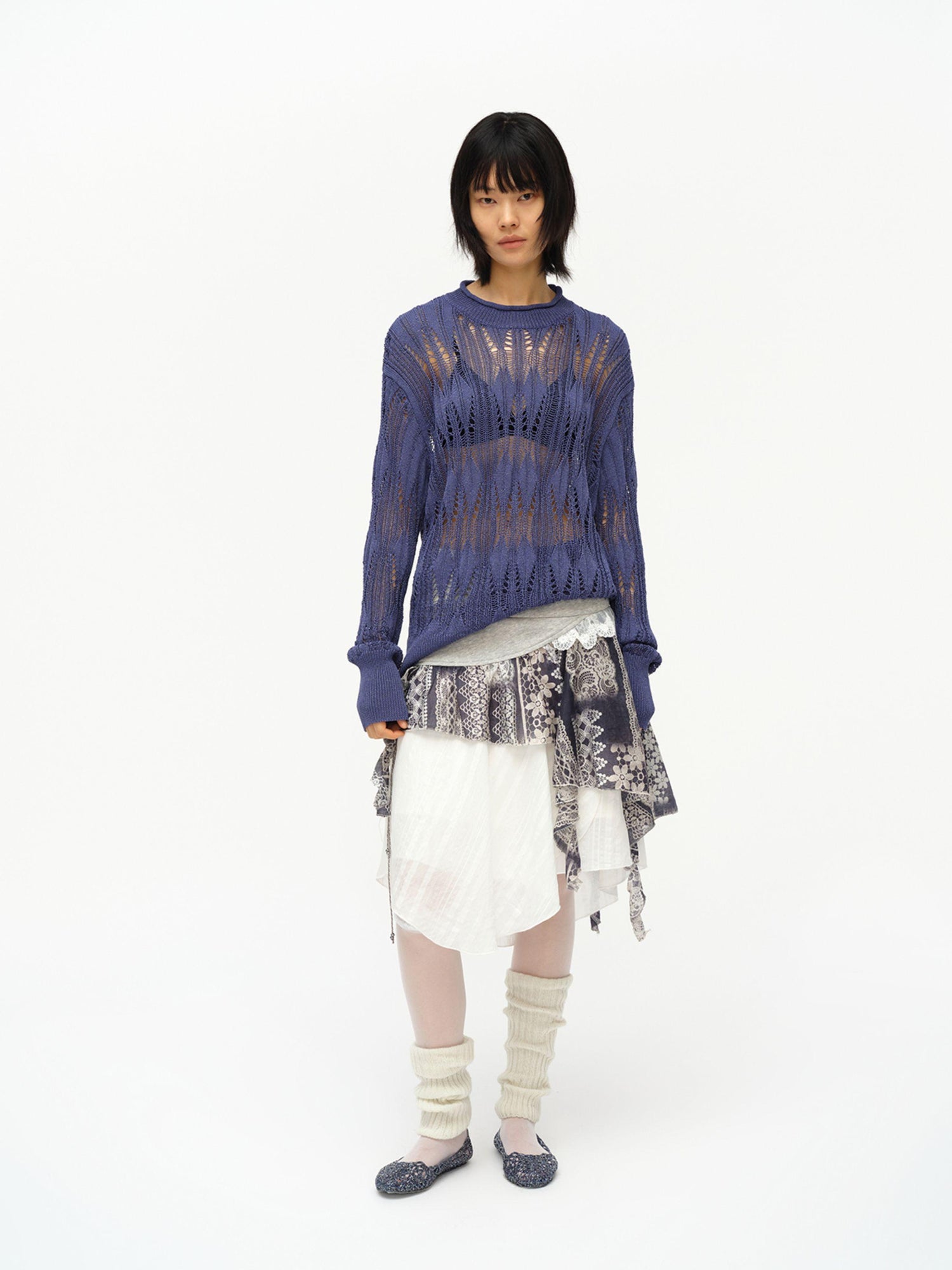 oinimi Openwork Metallic Knit Sweater Galaxy Grey