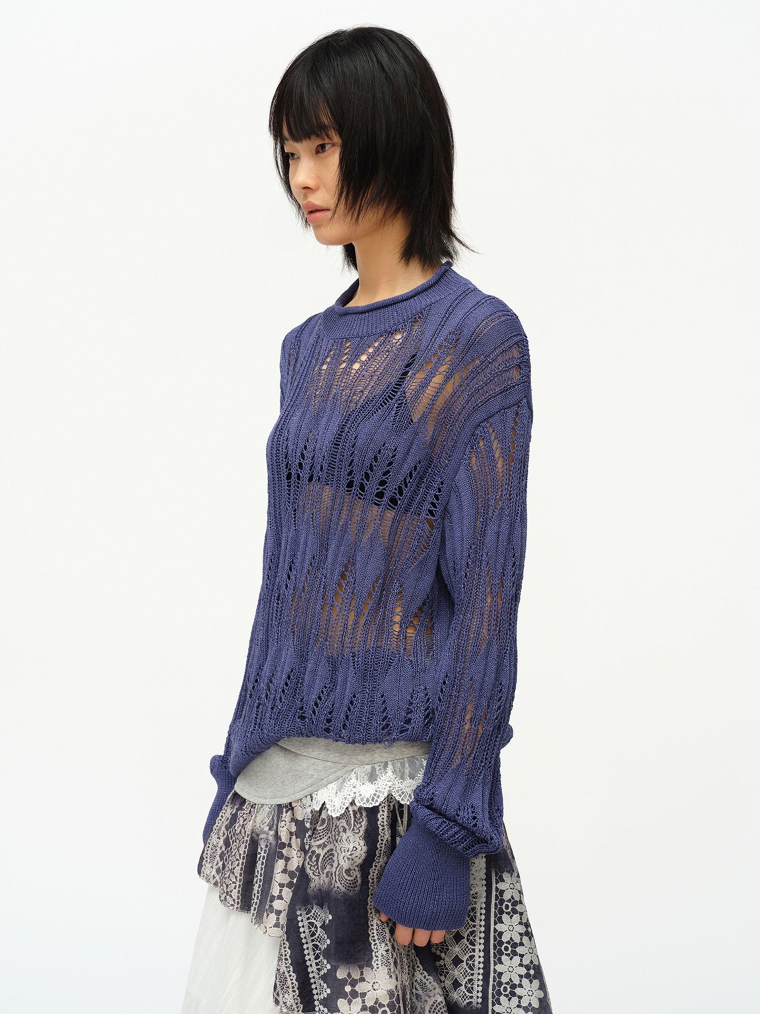 oinimi Openwork Metallic Knit Sweater Galaxy Grey
