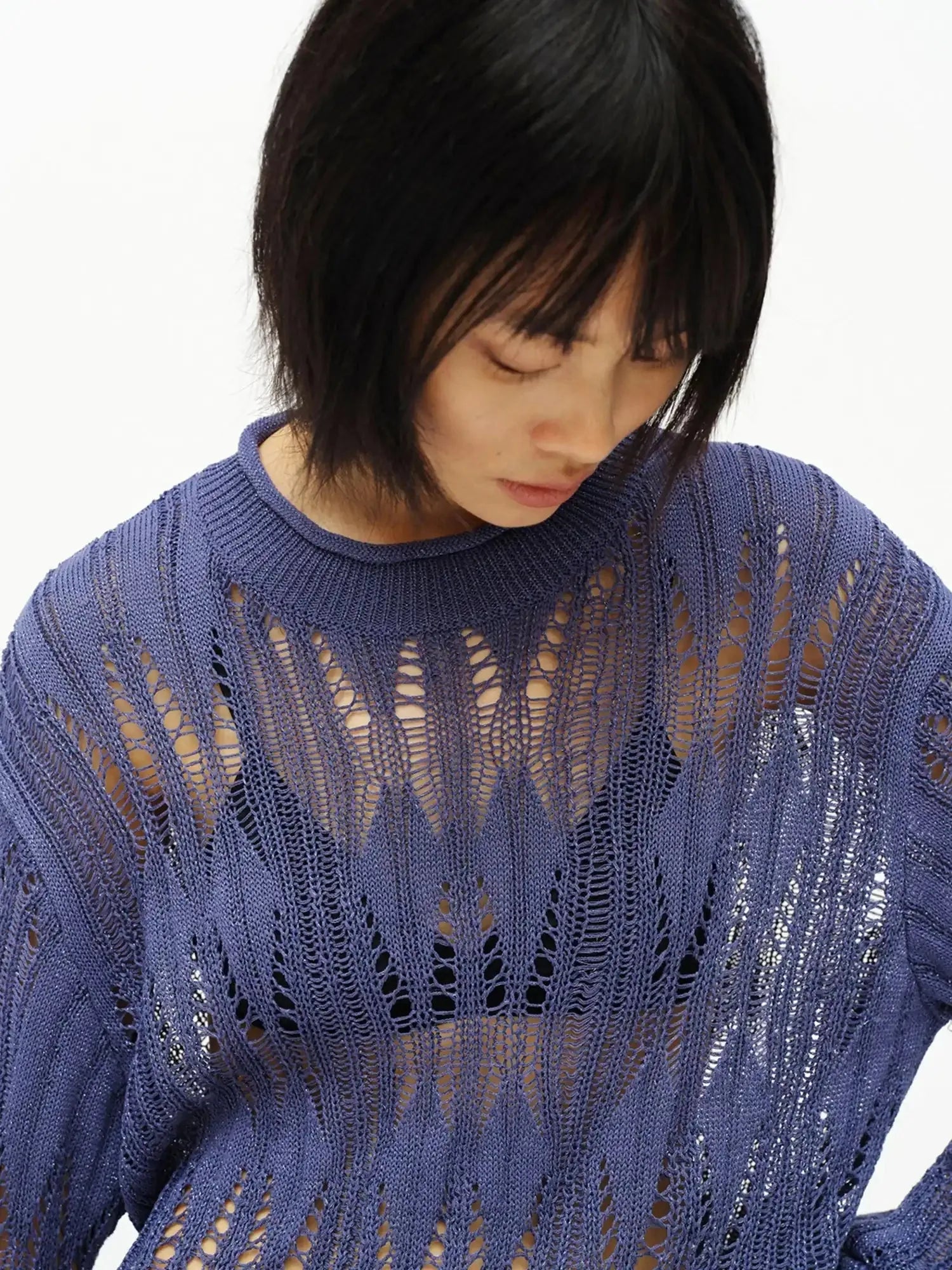 Openwork Metallic Knit Sweater Galaxy Grey