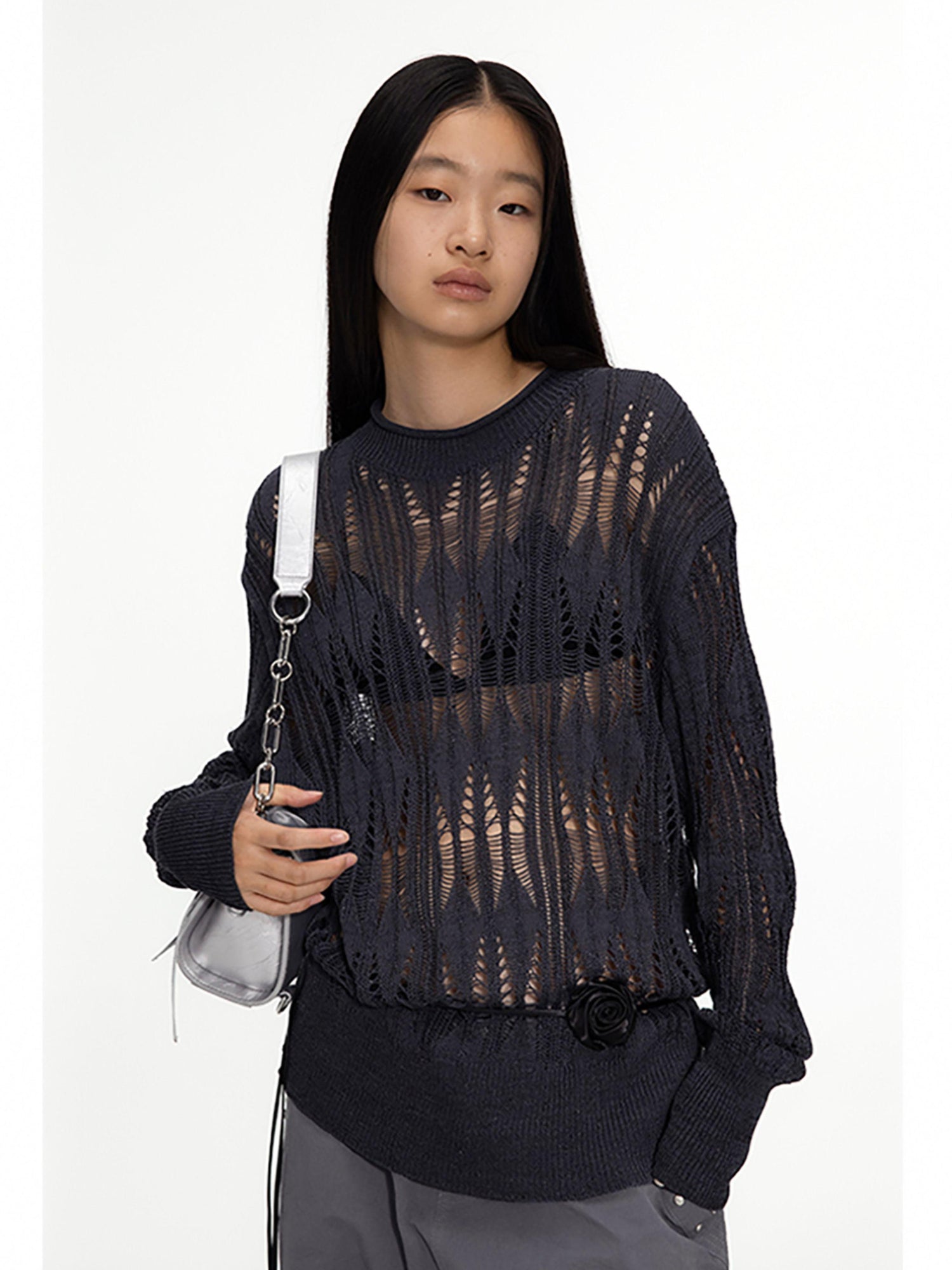 oinimi Openwork Metallic Knit Sweater Galaxy Grey