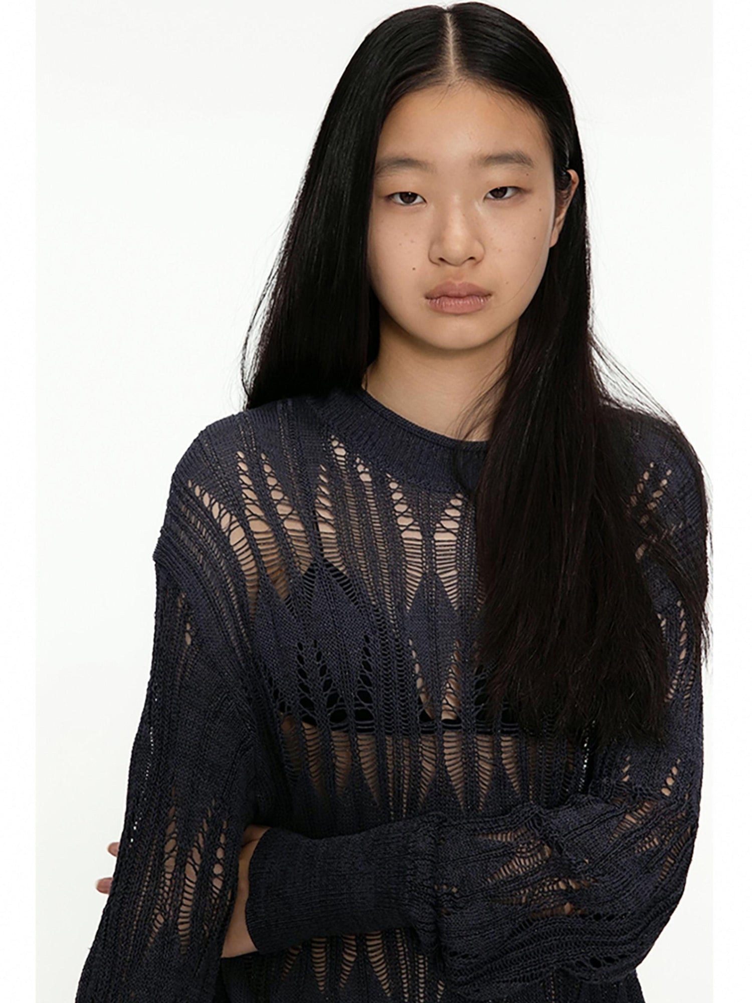 oinimi Openwork Metallic Knit Sweater Galaxy Grey