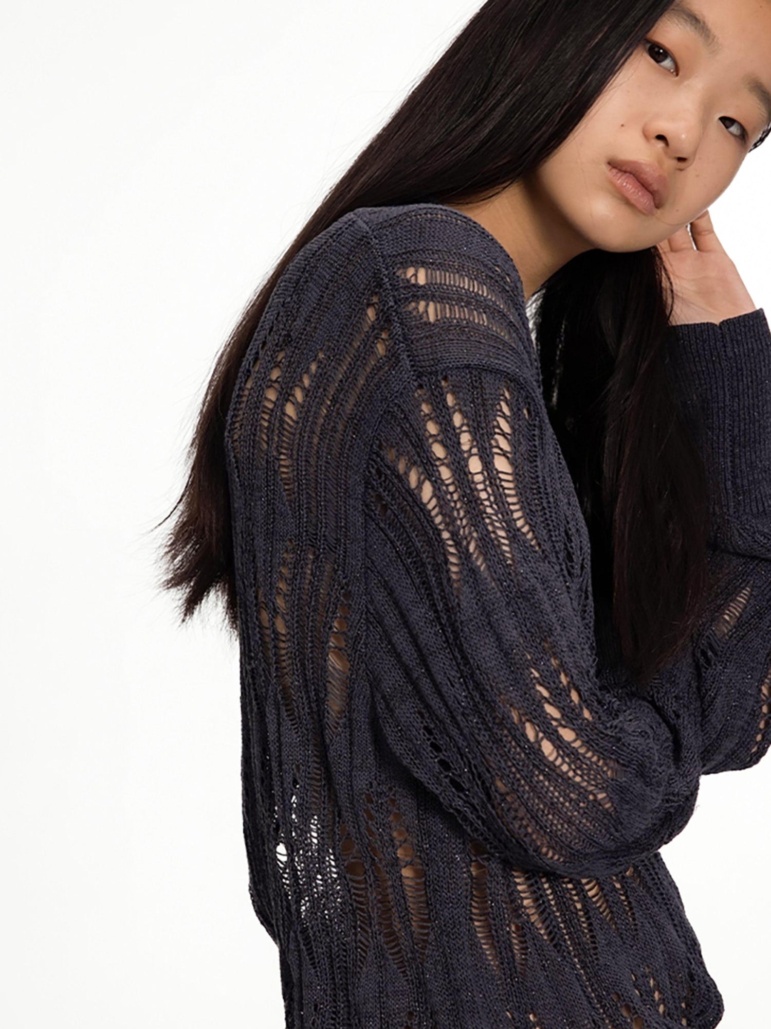 oinimi Openwork Metallic Knit Sweater Galaxy Grey