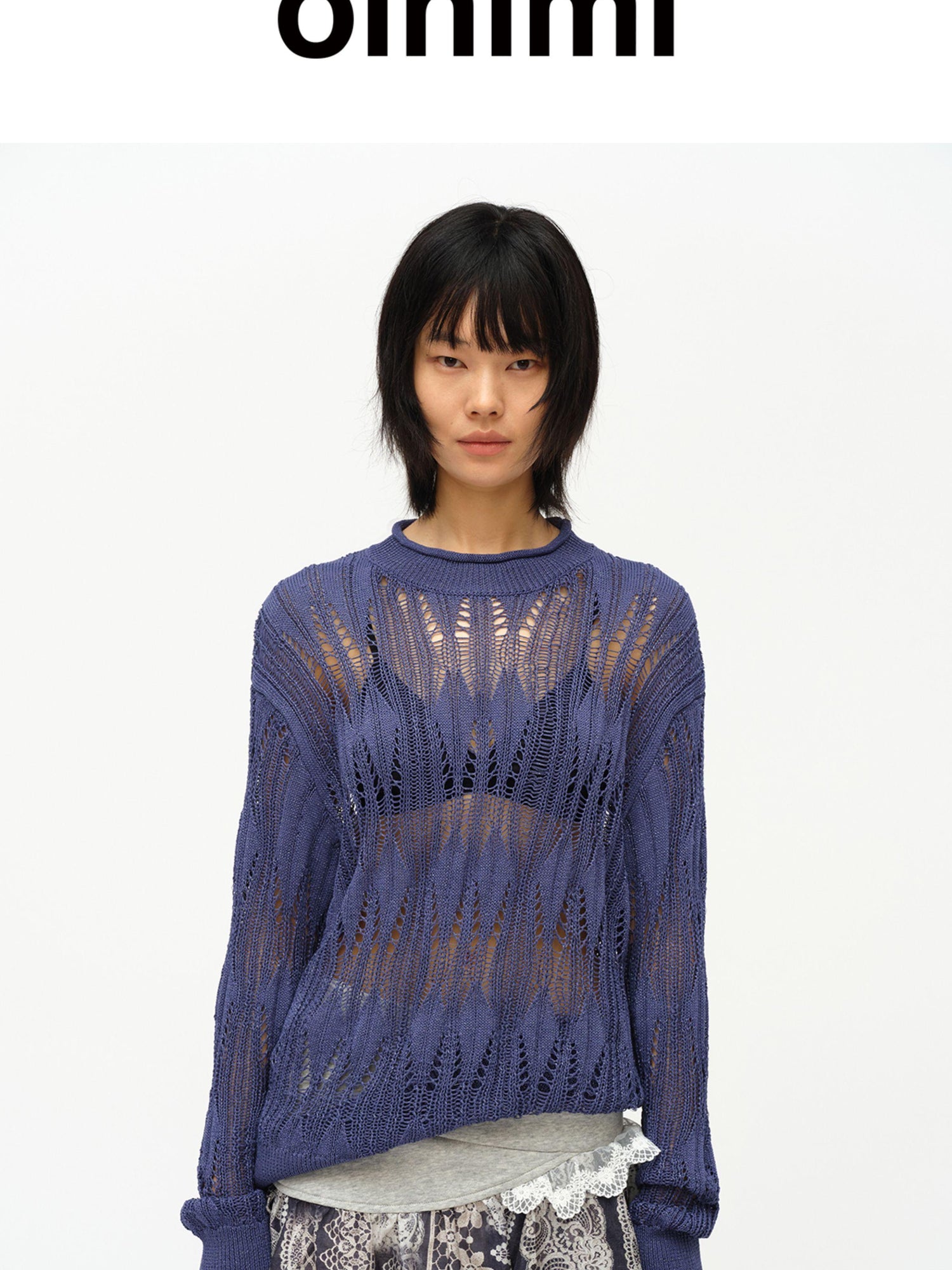 oinimi Openwork Metallic Knit Sweater Galaxy Grey