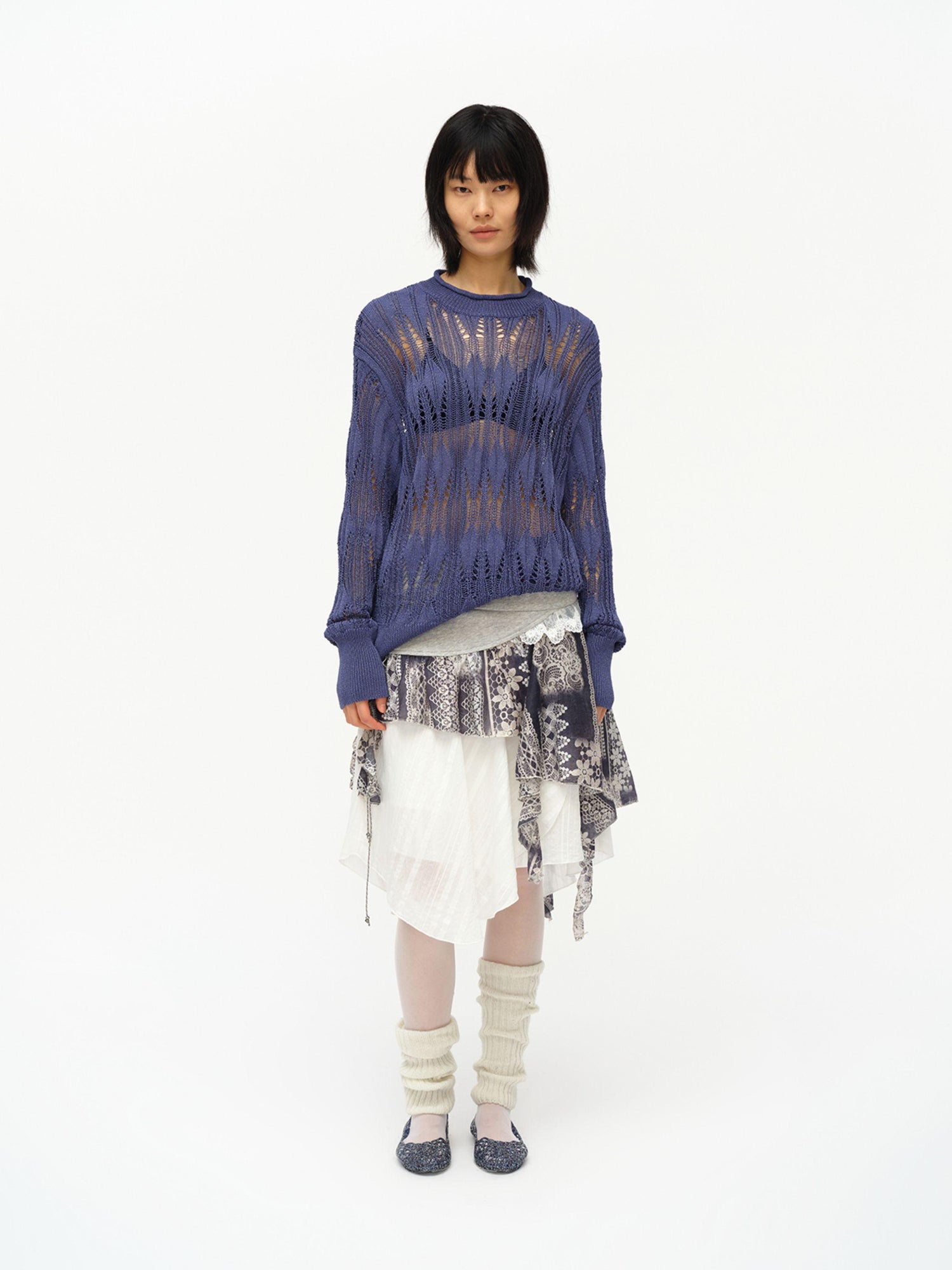 oinimi Openwork Metallic Knit Sweater Galaxy Grey