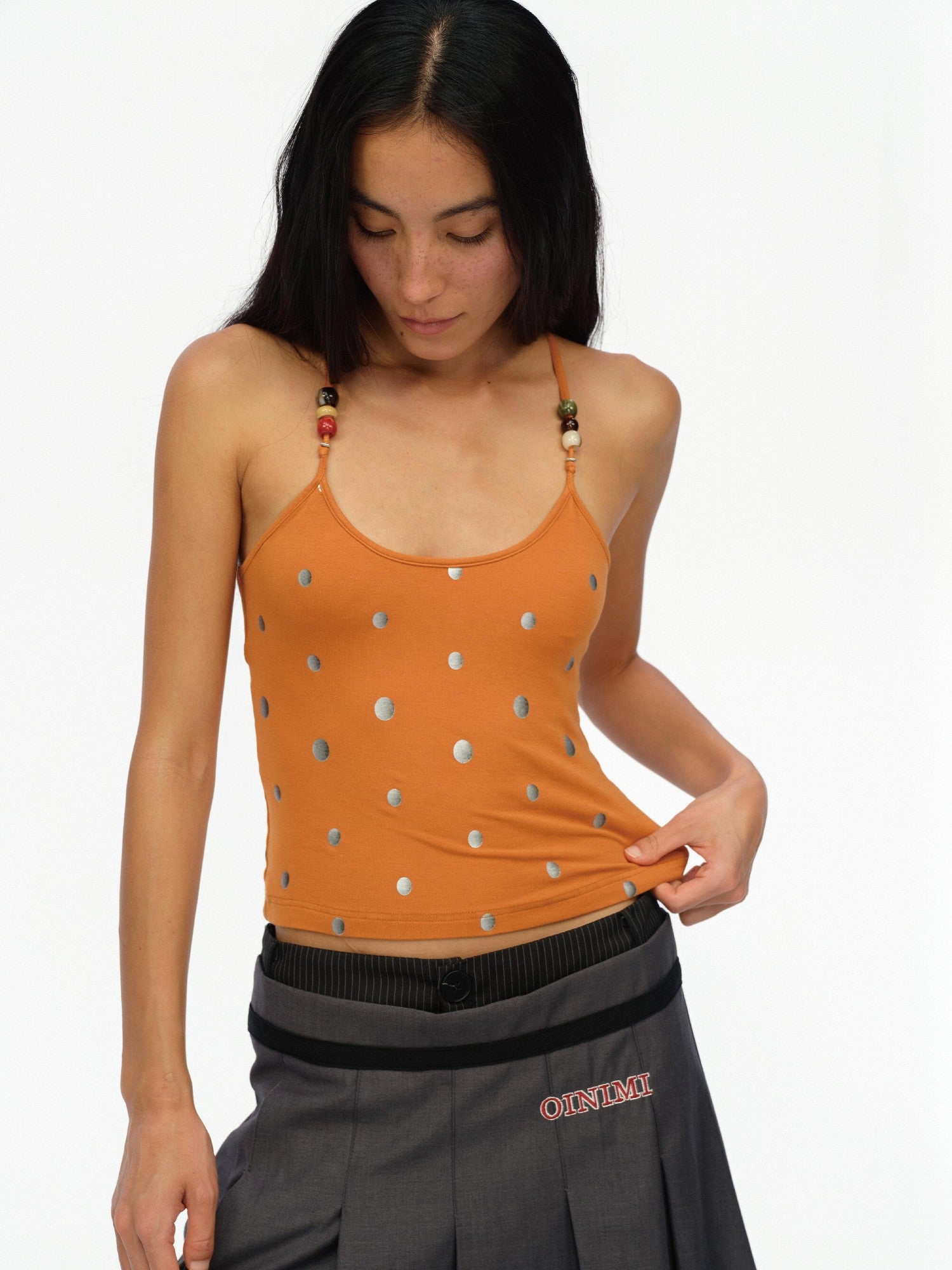 oinimi Orange Silver Gradient Polka Dot Beaded Halter Women&