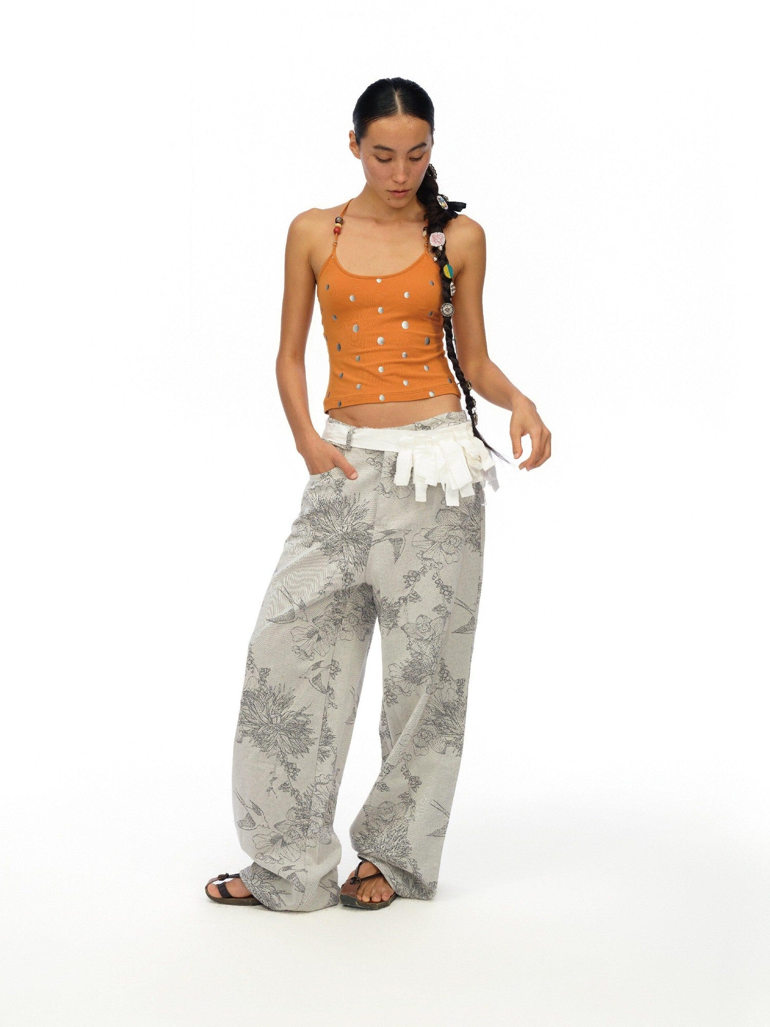 oinimi Orange Silver Gradient Polka Dot Beaded Halter Women&