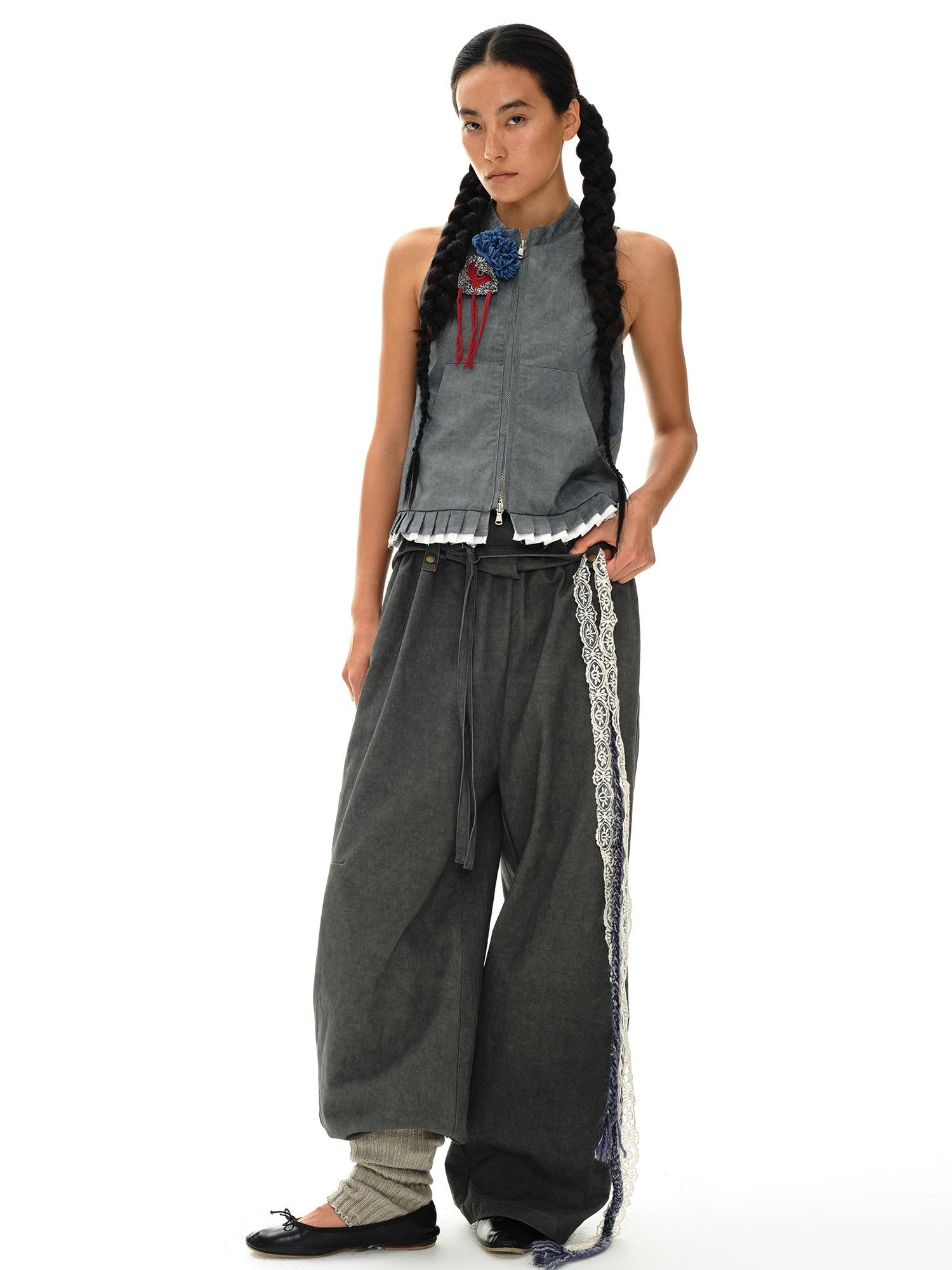 oinimi Pleated Mud Dyed Mouse Gray Vest With Raw Hem