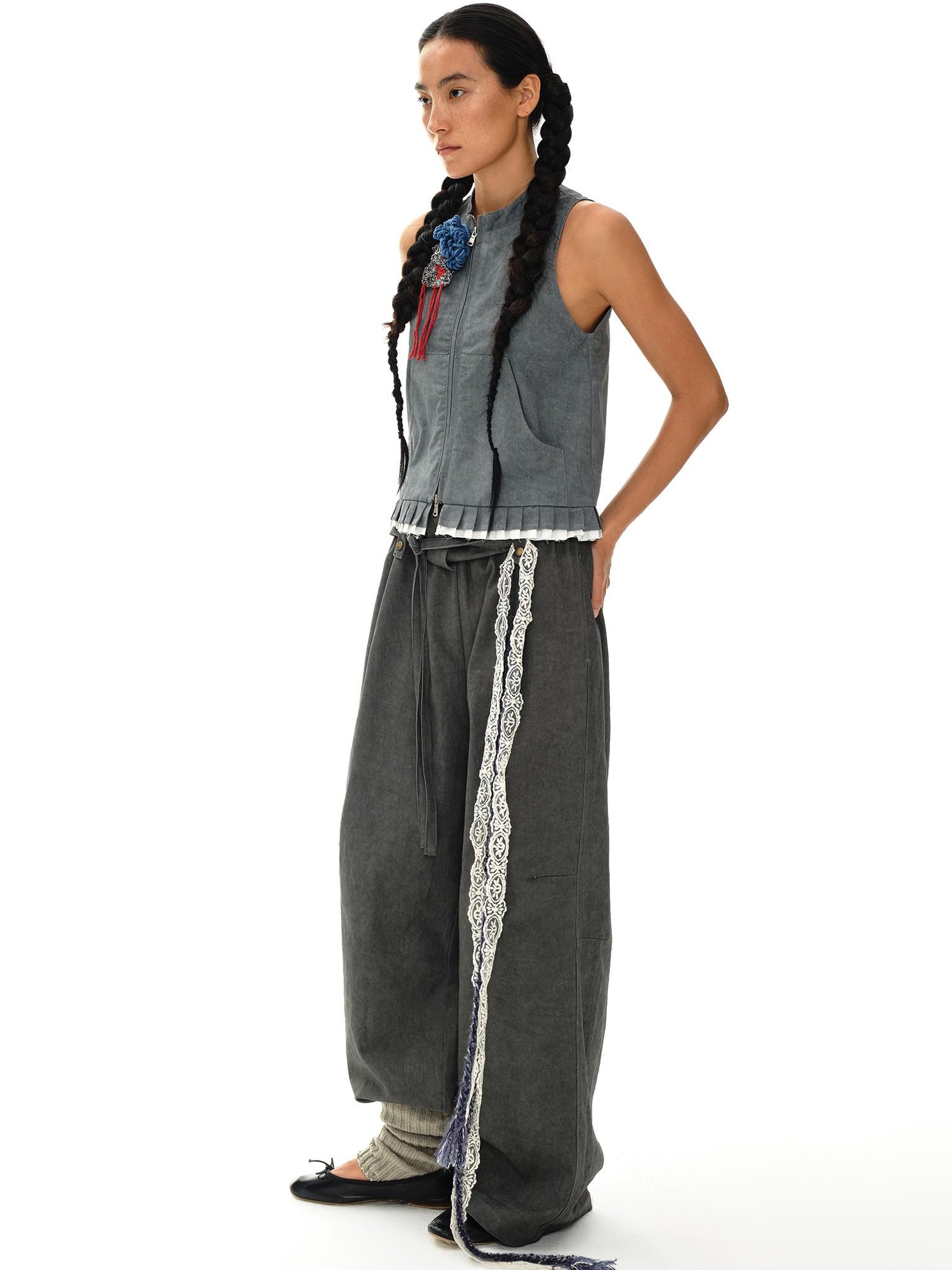 oinimi Pleated Mud Dyed Mouse Gray Vest With Raw Hem