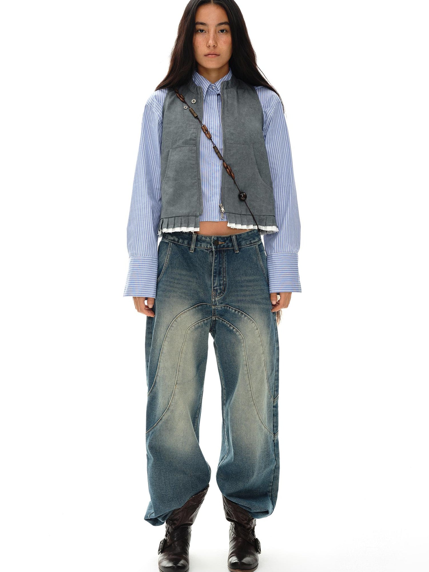 oinimi Pleated Mud Dyed Mouse Gray Vest With Raw Hem