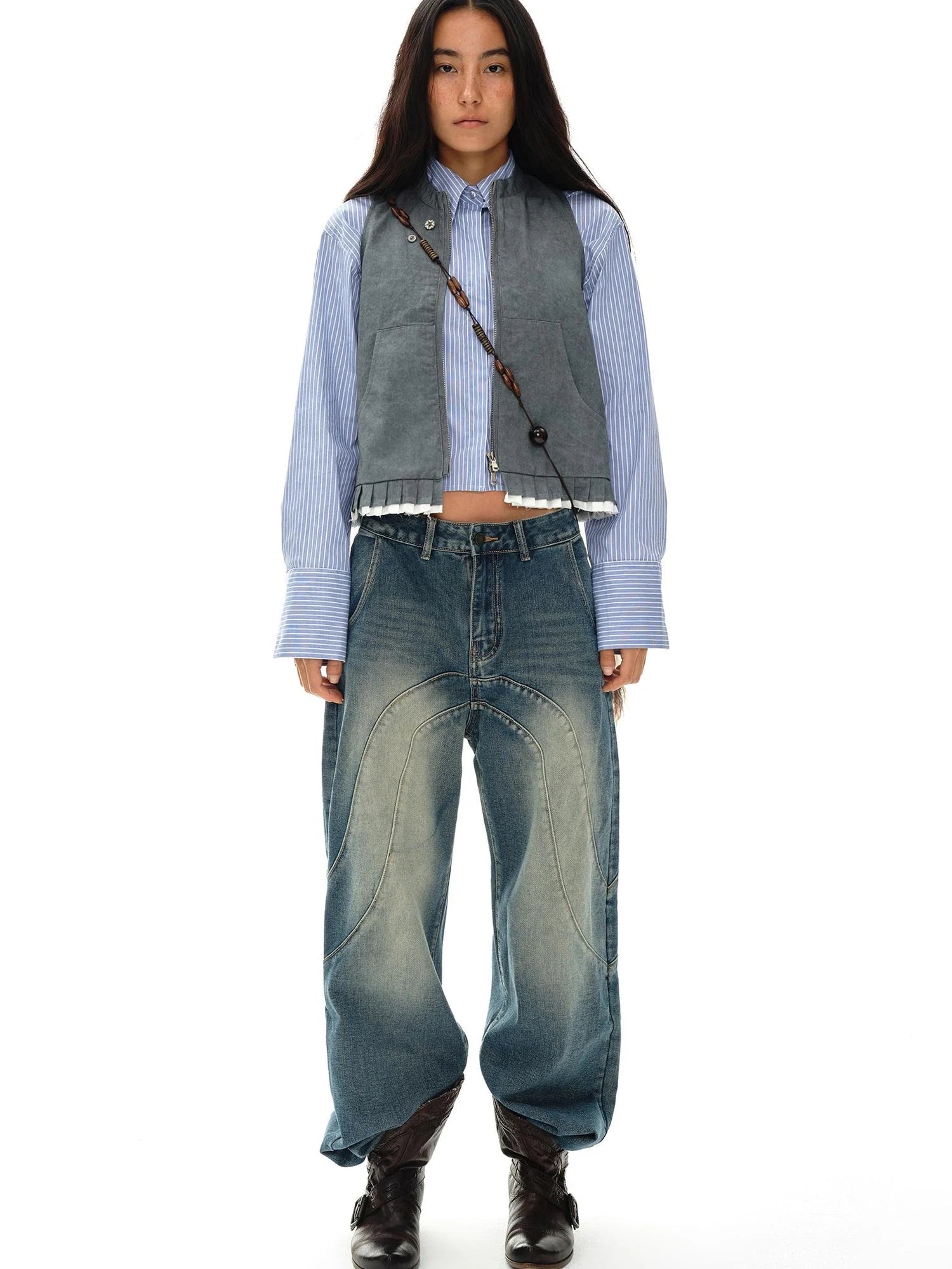 Pleated Mud Dyed Mouse Gray Vest With Raw Hem
