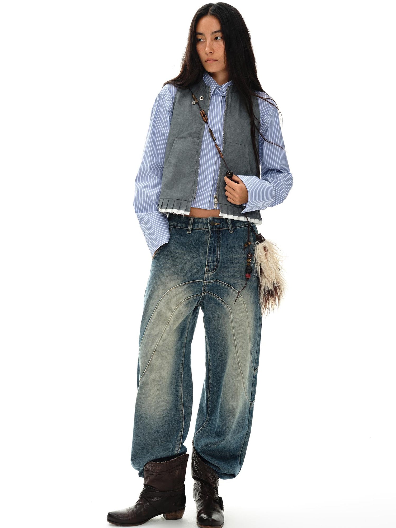 oinimi Pleated Mud Dyed Mouse Gray Vest With Raw Hem