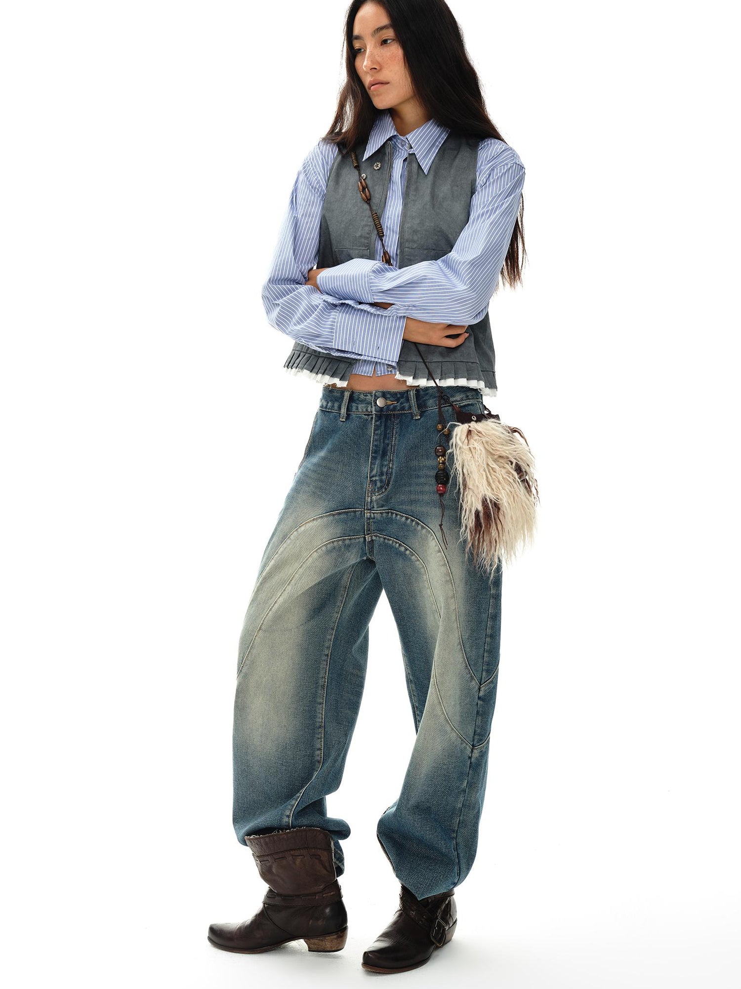 oinimi Pleated Mud Dyed Mouse Gray Vest With Raw Hem